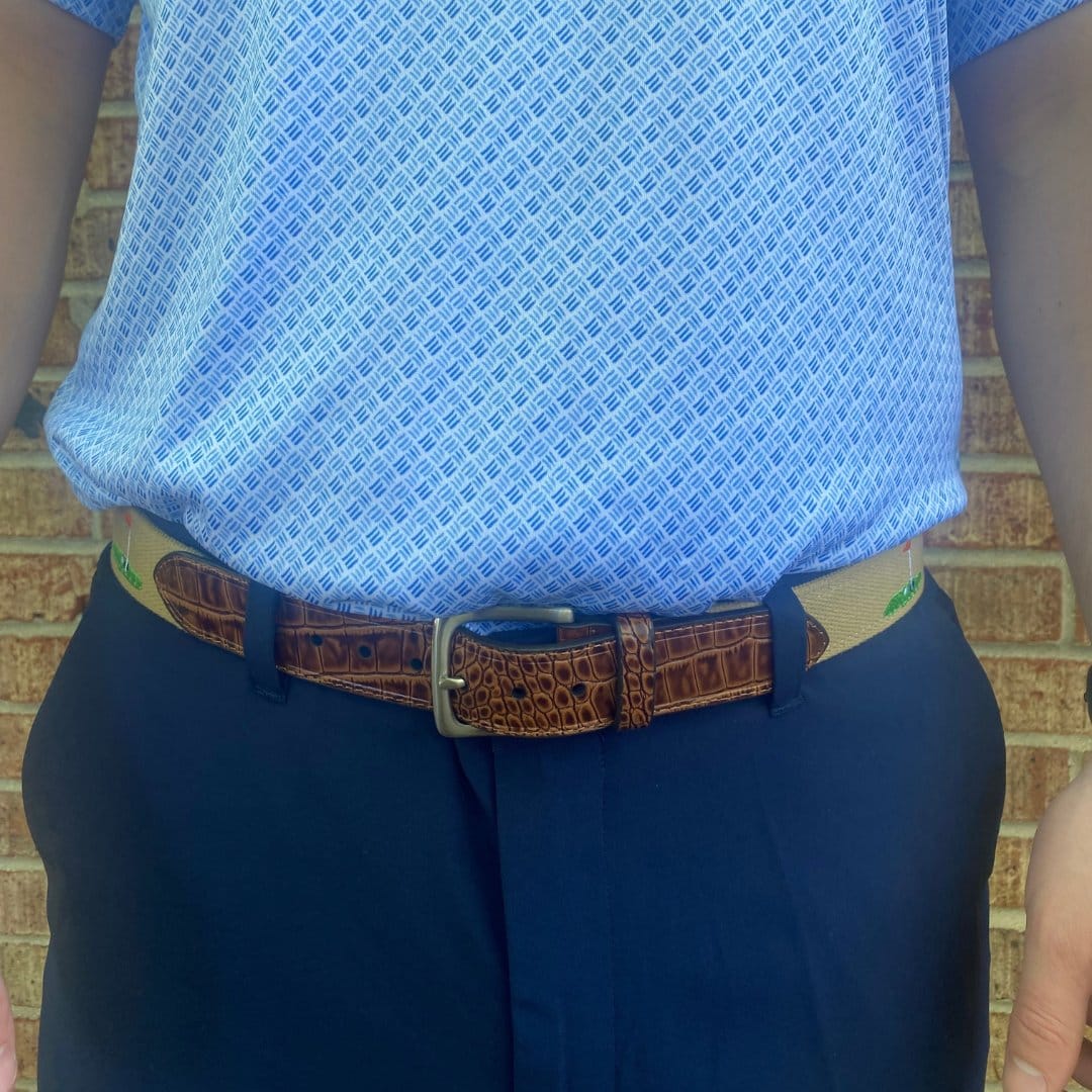 Greg Norman Men's Fabric Golf Belt with Croco Tabs - Khaki and Brown