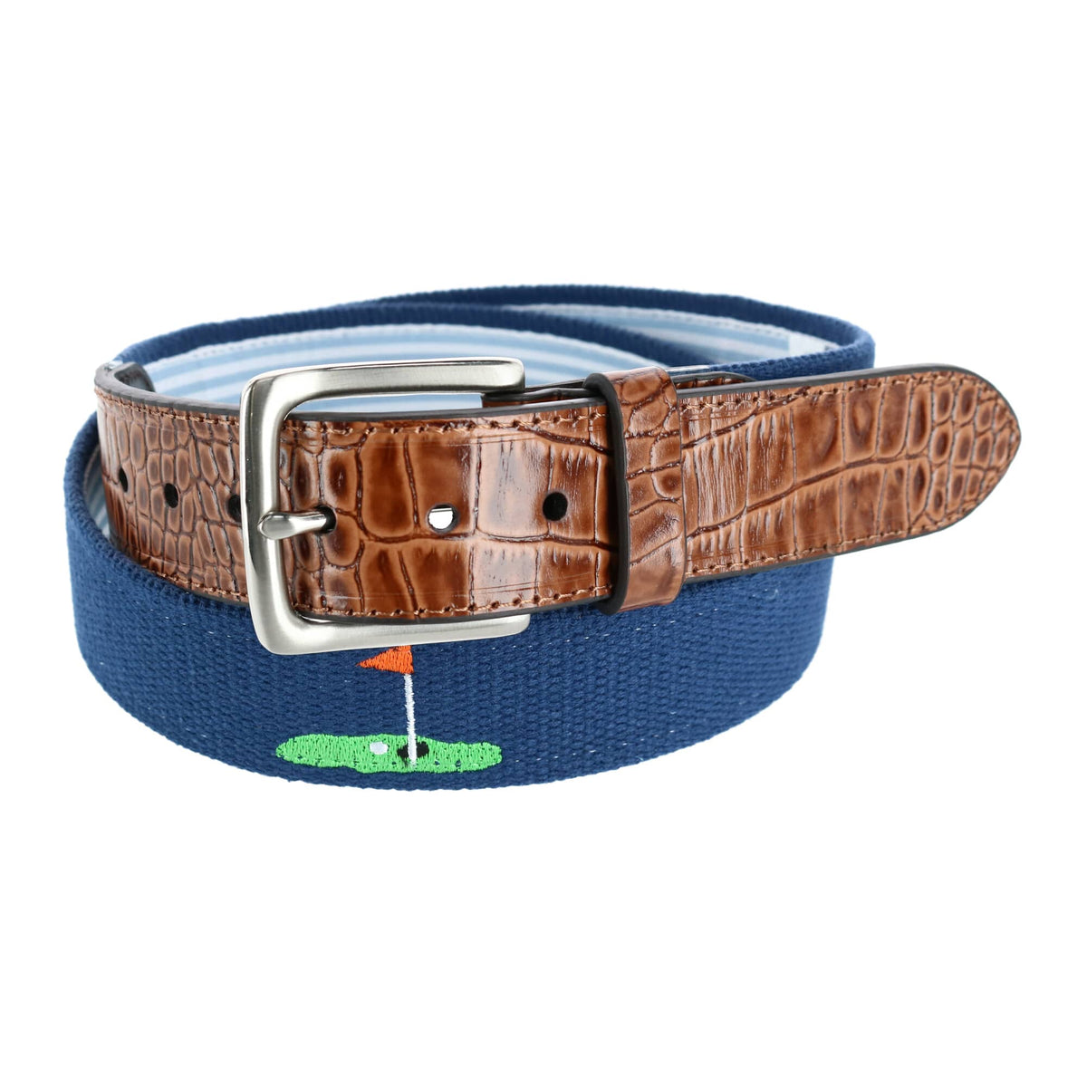 Greg Norman Men's Fabric Golf Belt with Croco Tabs - Navy and Brown