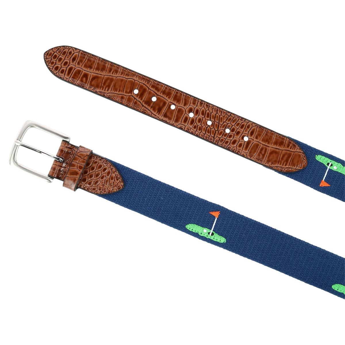Greg Norman Men's Fabric Golf Belt with Croco Tabs - Navy and Brown