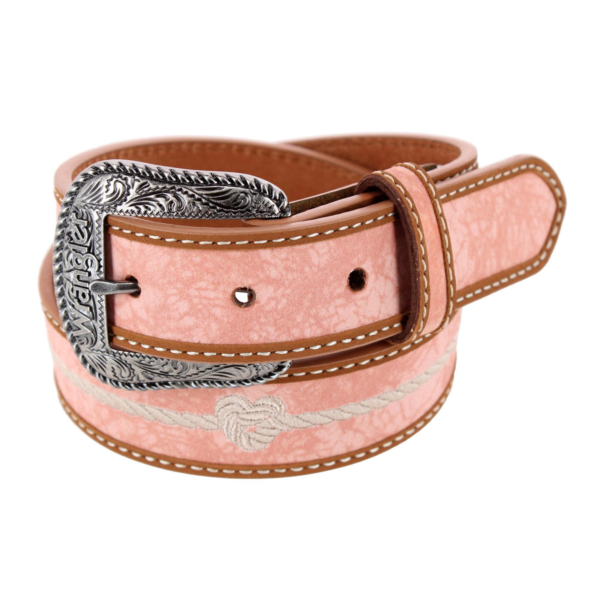 Wrangler Girl's 30mm Embroidered Rope Leather Belt - Pink/Tan