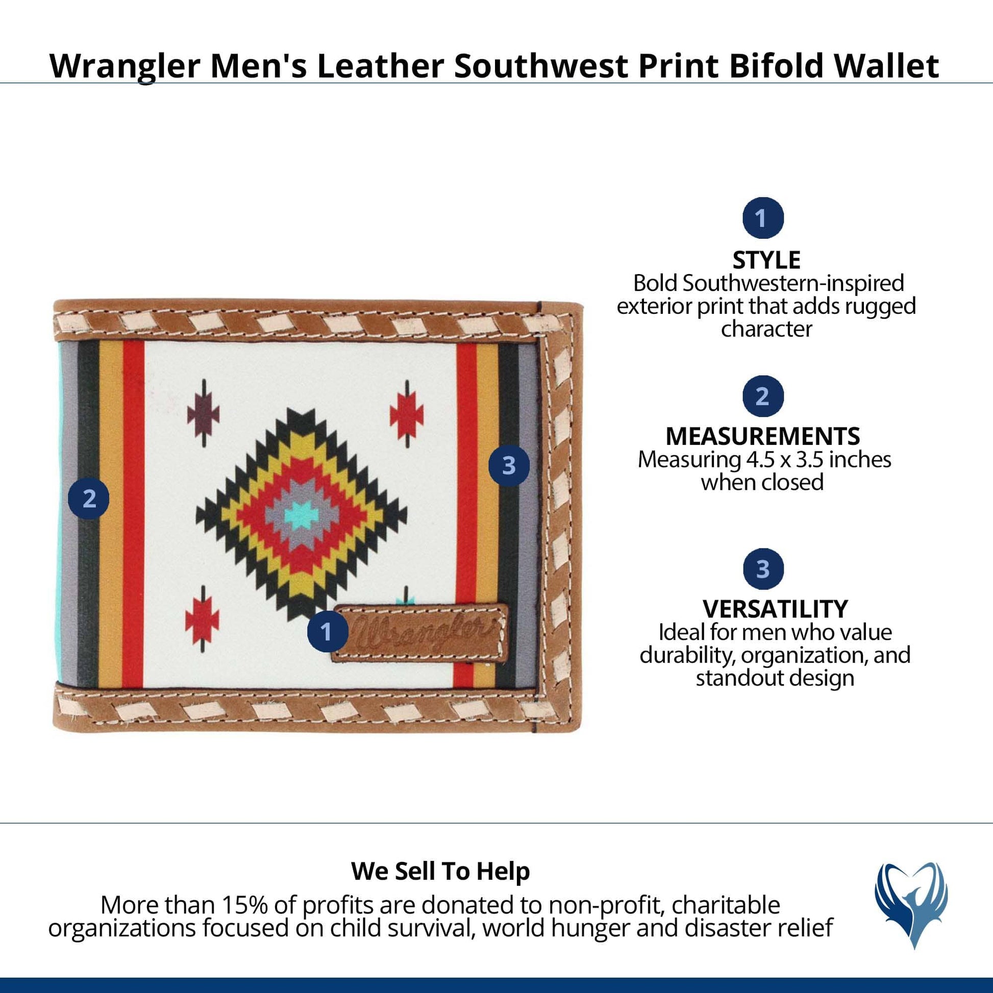 Wrangler Men's Leather Southwest Print Bifold Wallet - Tan