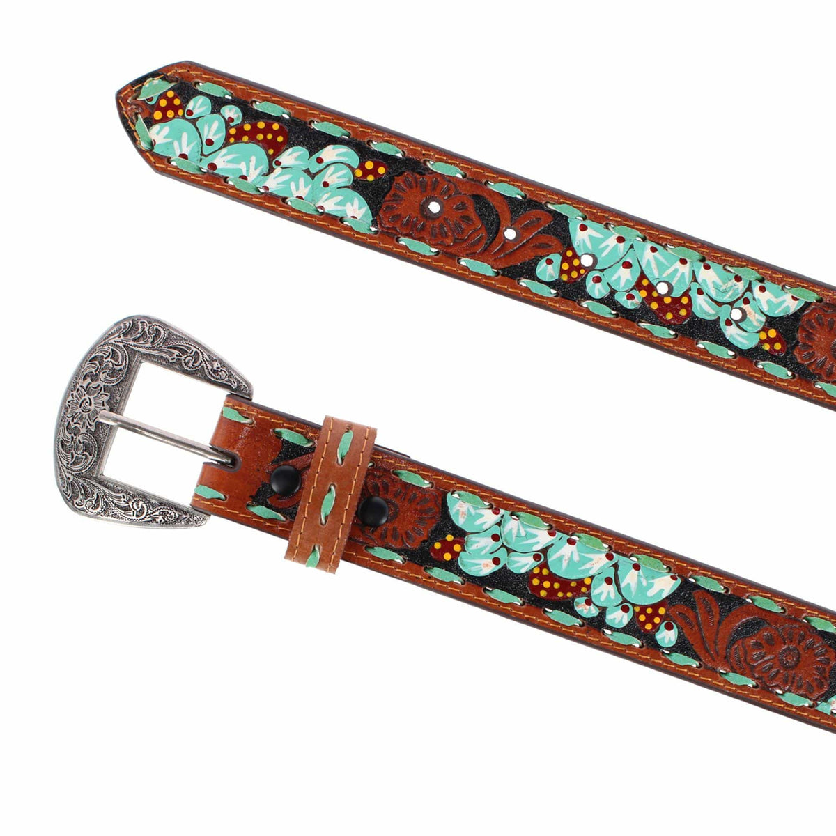 Roper Women's 1.5 Inch Floral Tooled and Hand Painted Leather Belt - Turquoise/Brown