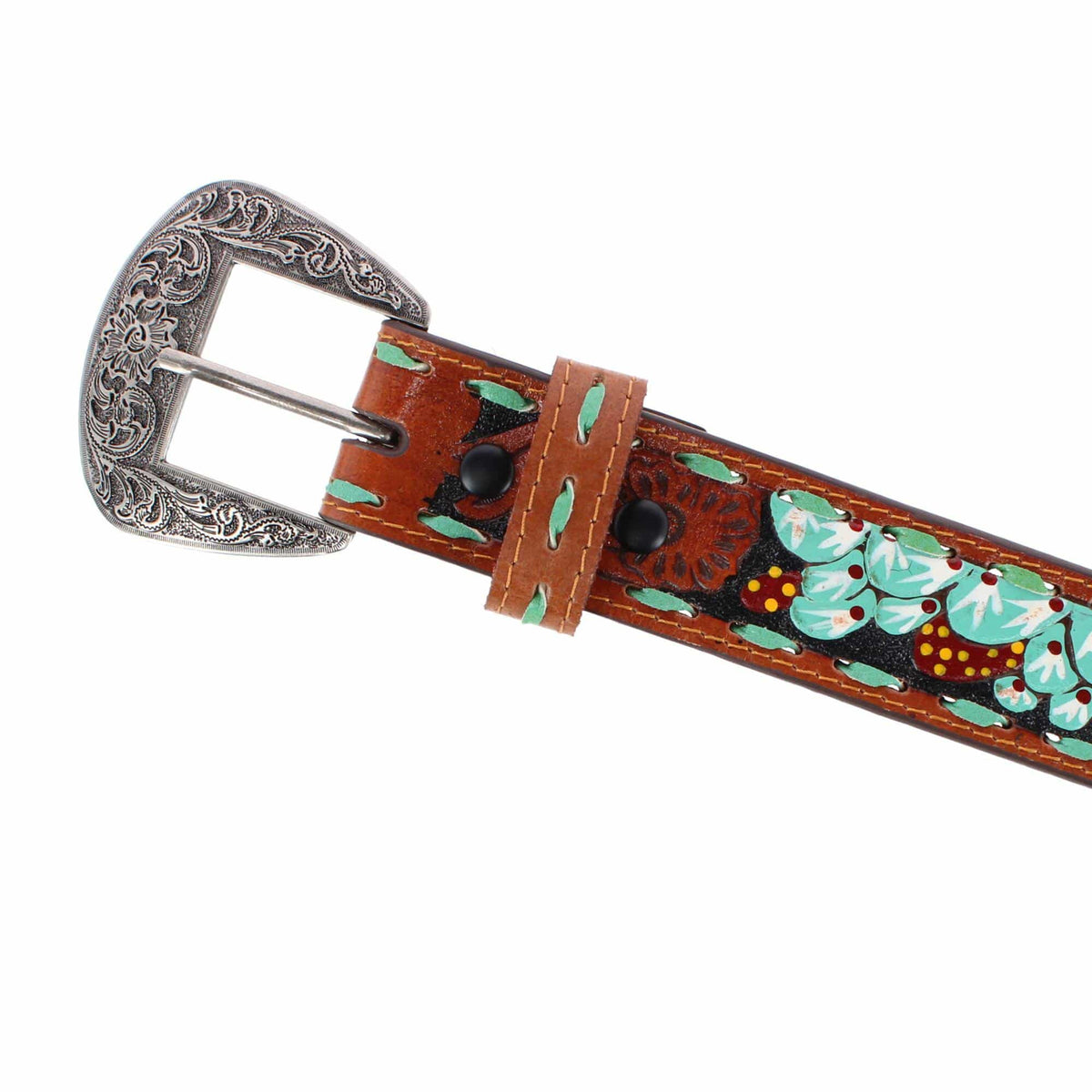 Roper Women's 1.5 Inch Floral Tooled and Hand Painted Leather Belt - Turquoise/Brown