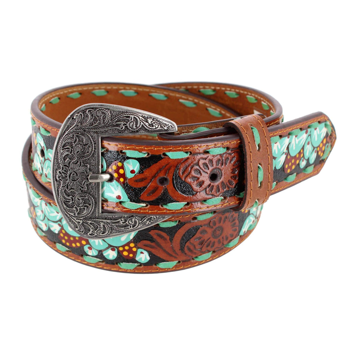 Roper Women's 1.5 Inch Floral Tooled and Hand Painted Leather Belt - Women's 1.5 Inch Floral Tooled and Hand Painted Leather Belt