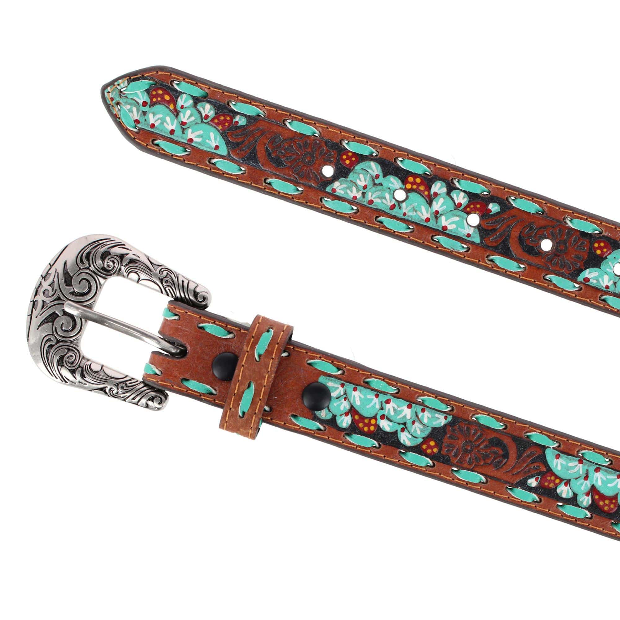 Roper Girl's 30mm Floral Tooled and Hand Painted Leather Belt - Turquoise/Brown