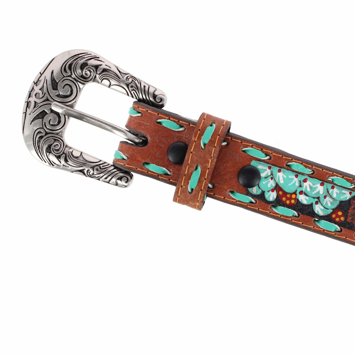 Roper Girl's 30mm Floral Tooled and Hand Painted Leather Belt - Turquoise/Brown