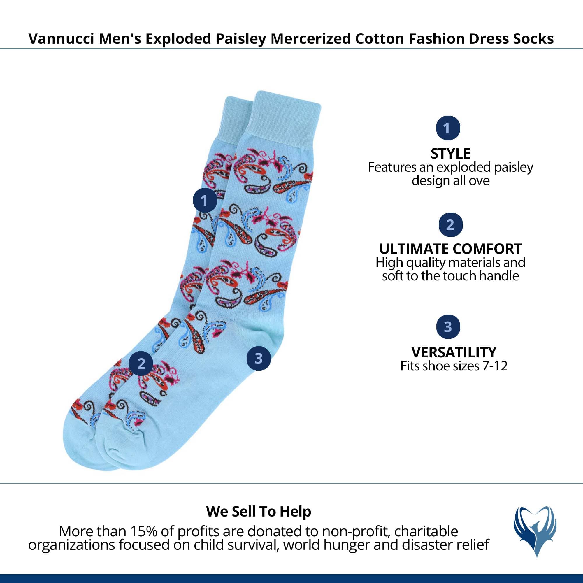 Vannucci Men's Exploded Paisley Mercerized Cotton Fashion Dress Socks - Light Blue