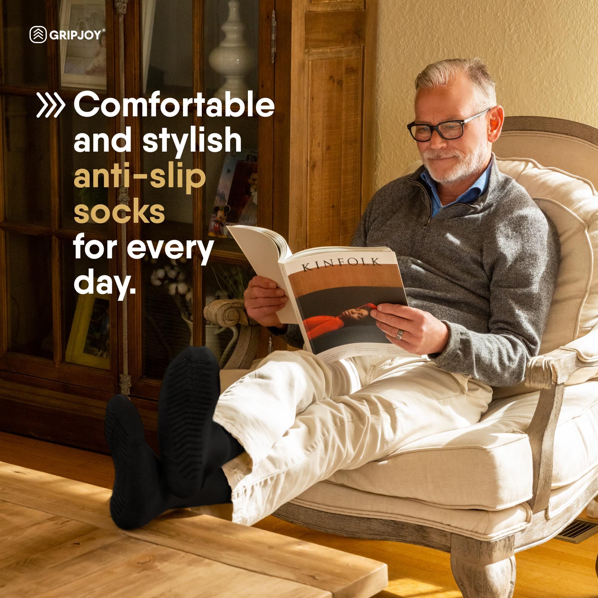 Gripjoy Men's Crew Socks with Grips (Pack of 3) - Grey