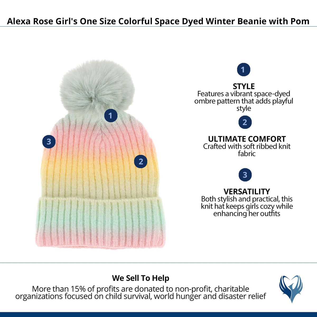 Alexa Rose Girl's One Size Colorful Space Dyed Winter Beanie with Pom - Green