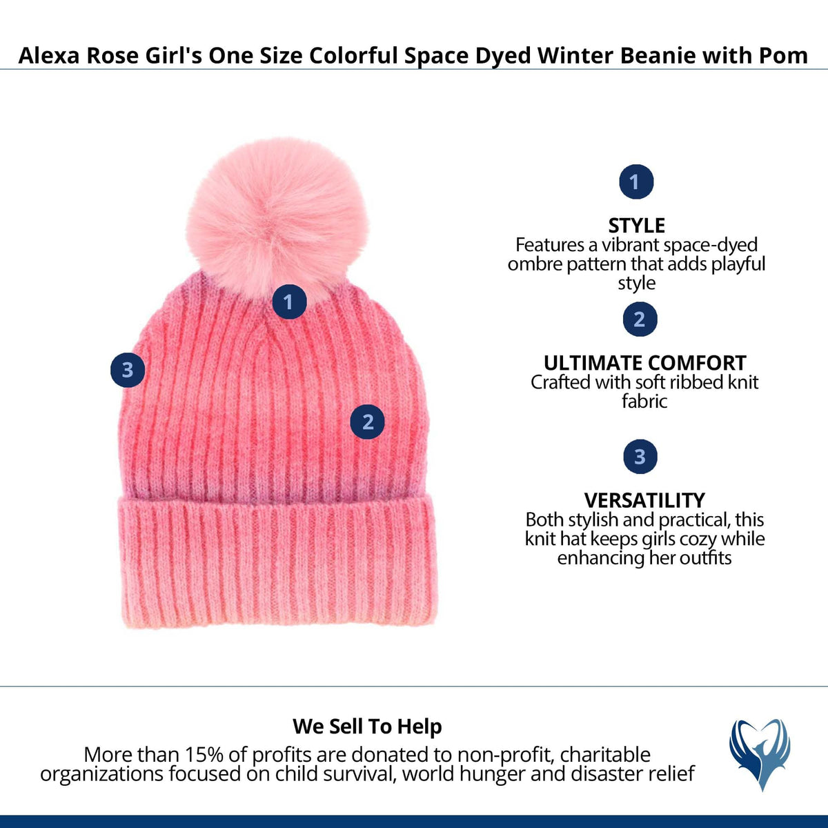 Alexa Rose Girl's One Size Colorful Space Dyed Winter Beanie with Pom - Pink