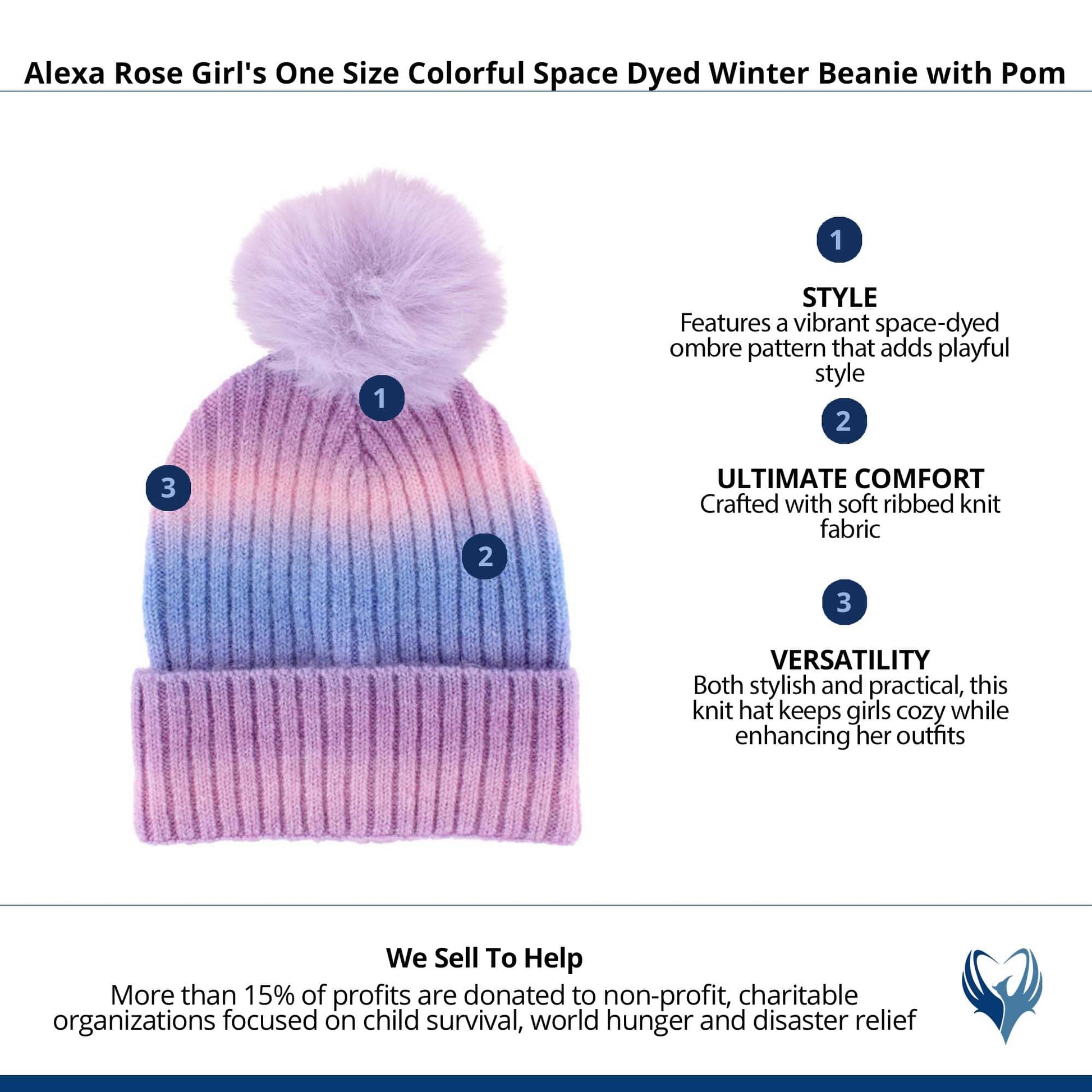 Alexa Rose Girl's One Size Colorful Space Dyed Winter Beanie with Pom - Purple