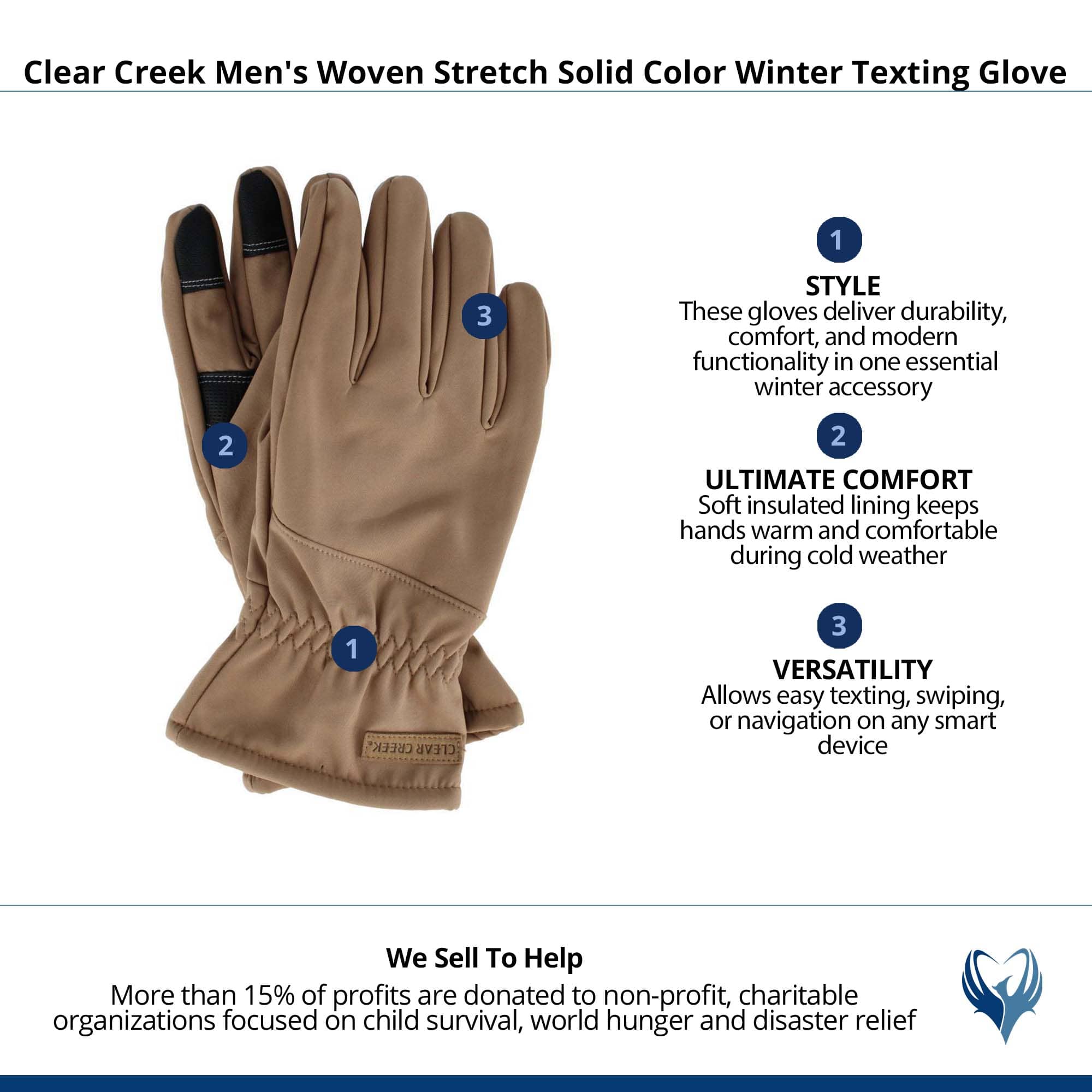 Clear Creek Men's Woven Stretch Solid Color Winter Texting Glove - Tan