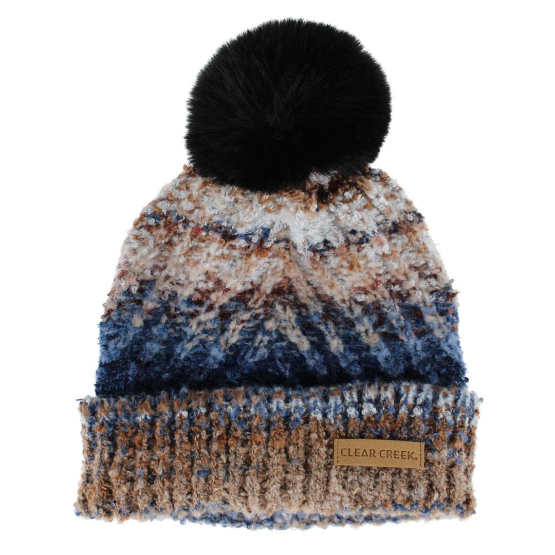 Clear Creek Women's Multi Color Knit Winter Beanie with Synthetic Fur Pom - Beige