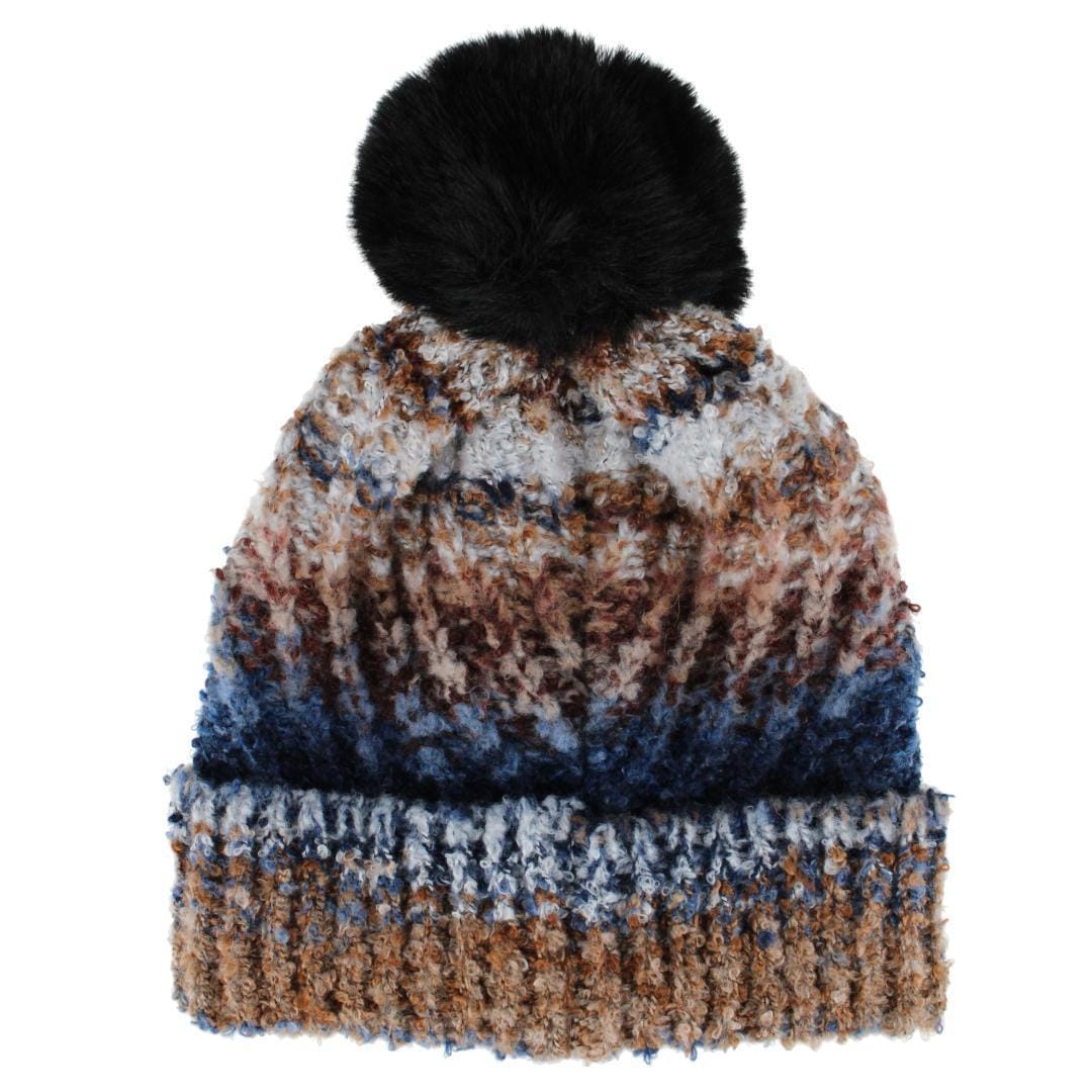 Clear Creek Women's Multi Color Knit Winter Beanie with Synthetic Fur Pom - Beige