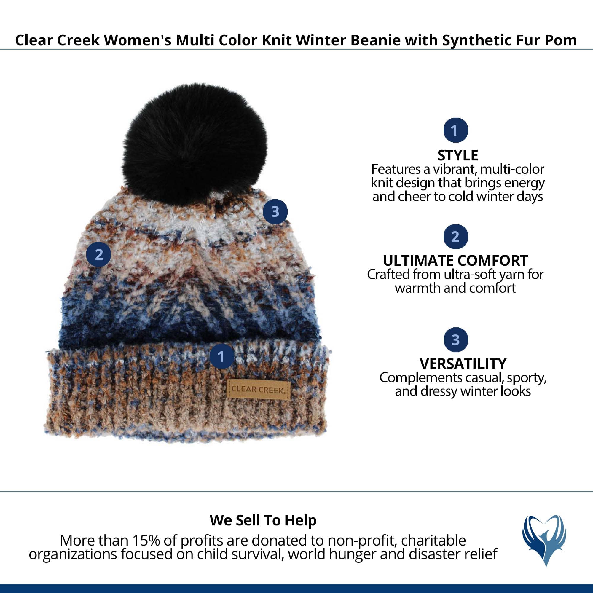 Clear Creek Women's Multi Color Knit Winter Beanie with Synthetic Fur Pom - Beige