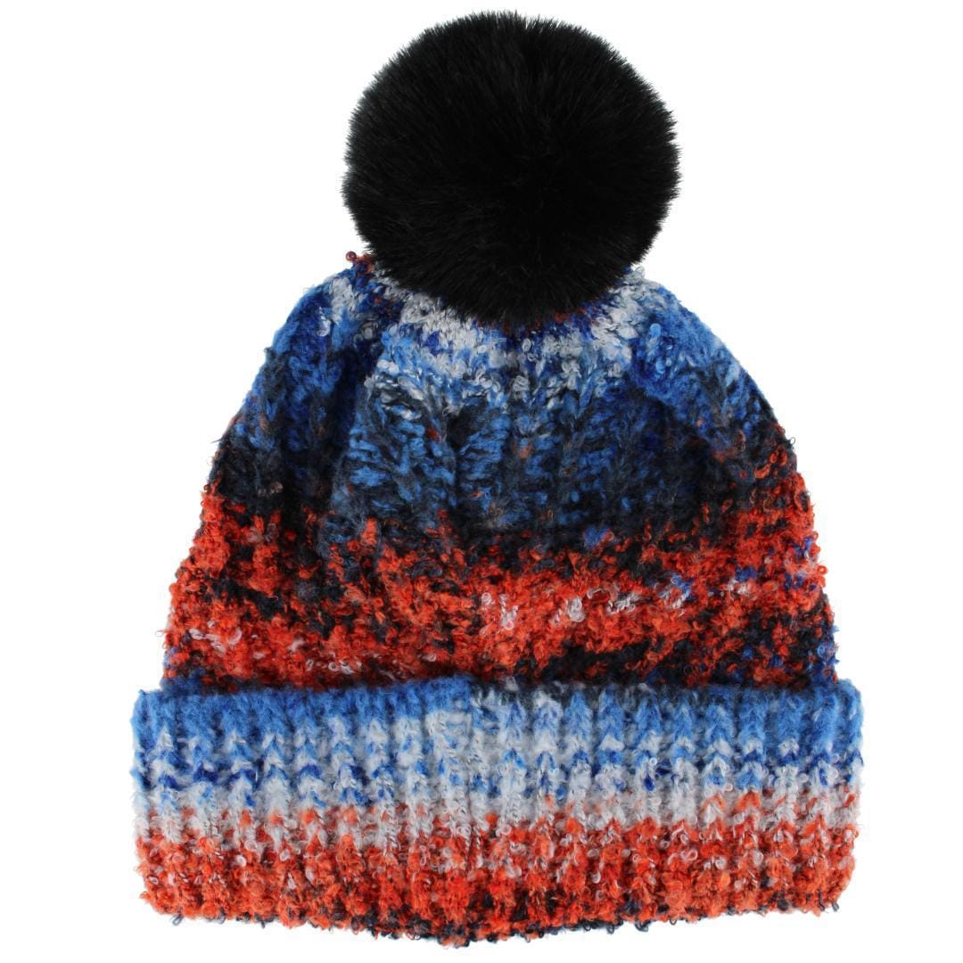 Clear Creek Women's Multi Color Knit Winter Beanie with Synthetic Fur Pom - Orange