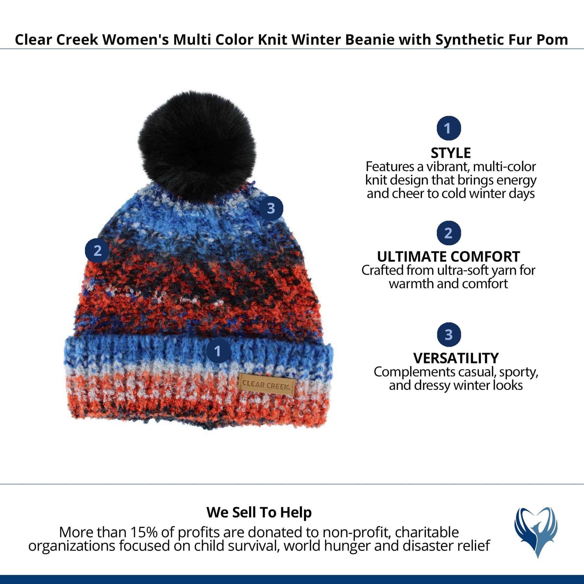 Clear Creek Women's Multi Color Knit Winter Beanie with Synthetic Fur Pom - Orange