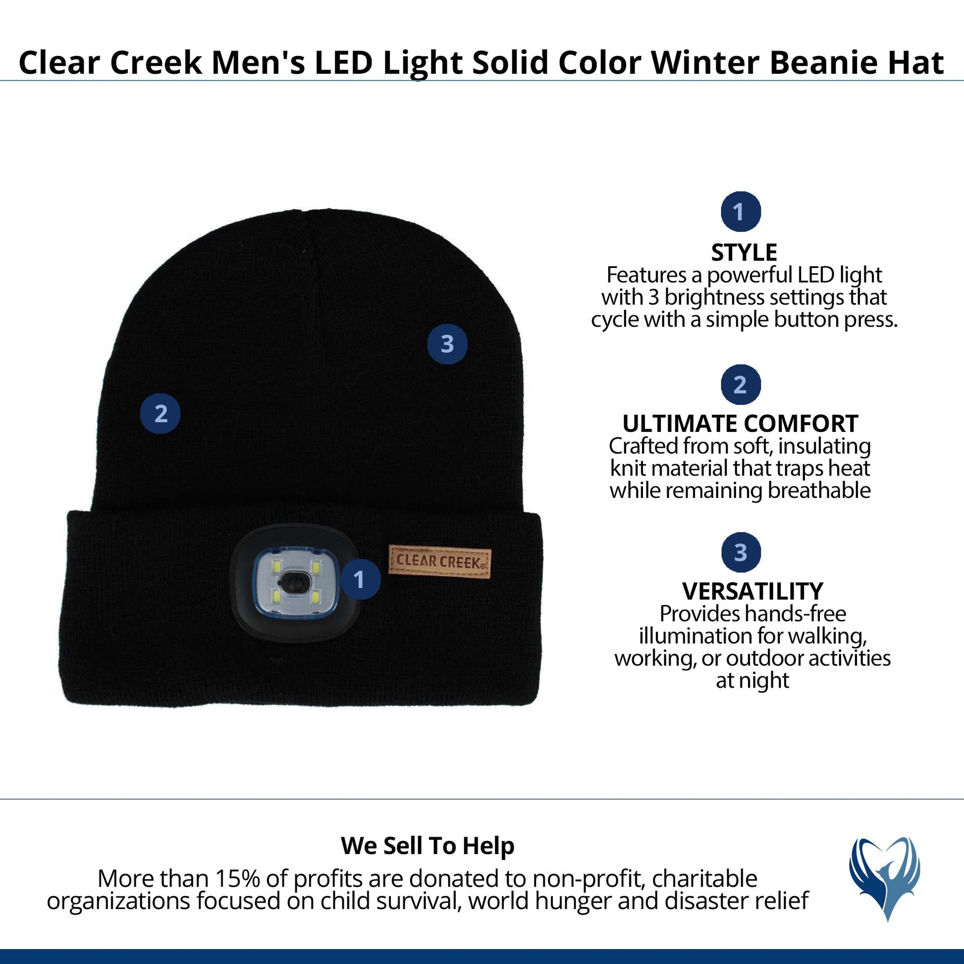 Clear Creek Men's LED Light Solid Color Winter Beanie Hat - Black