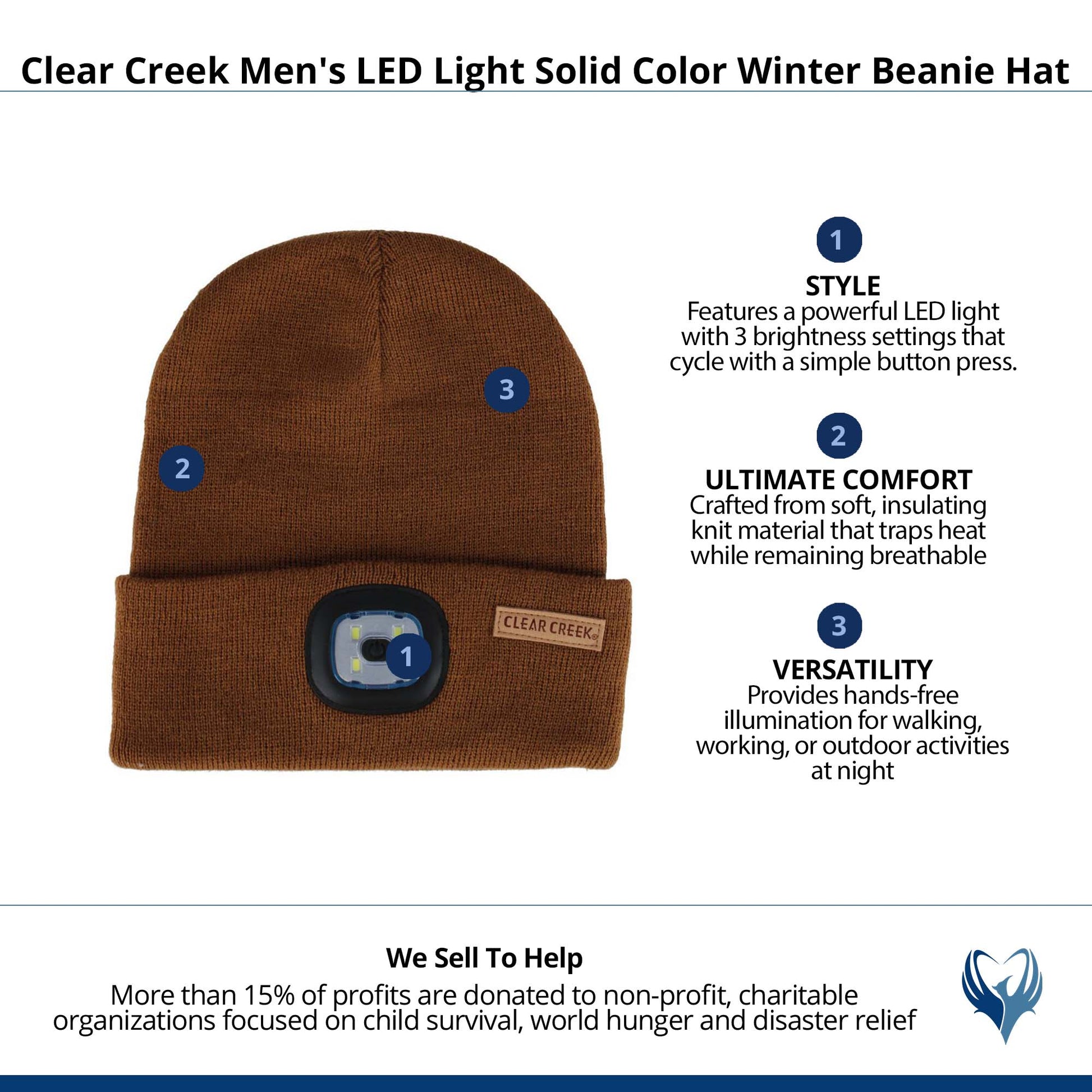 Clear Creek Men's LED Light Solid Color Winter Beanie Hat - Brown