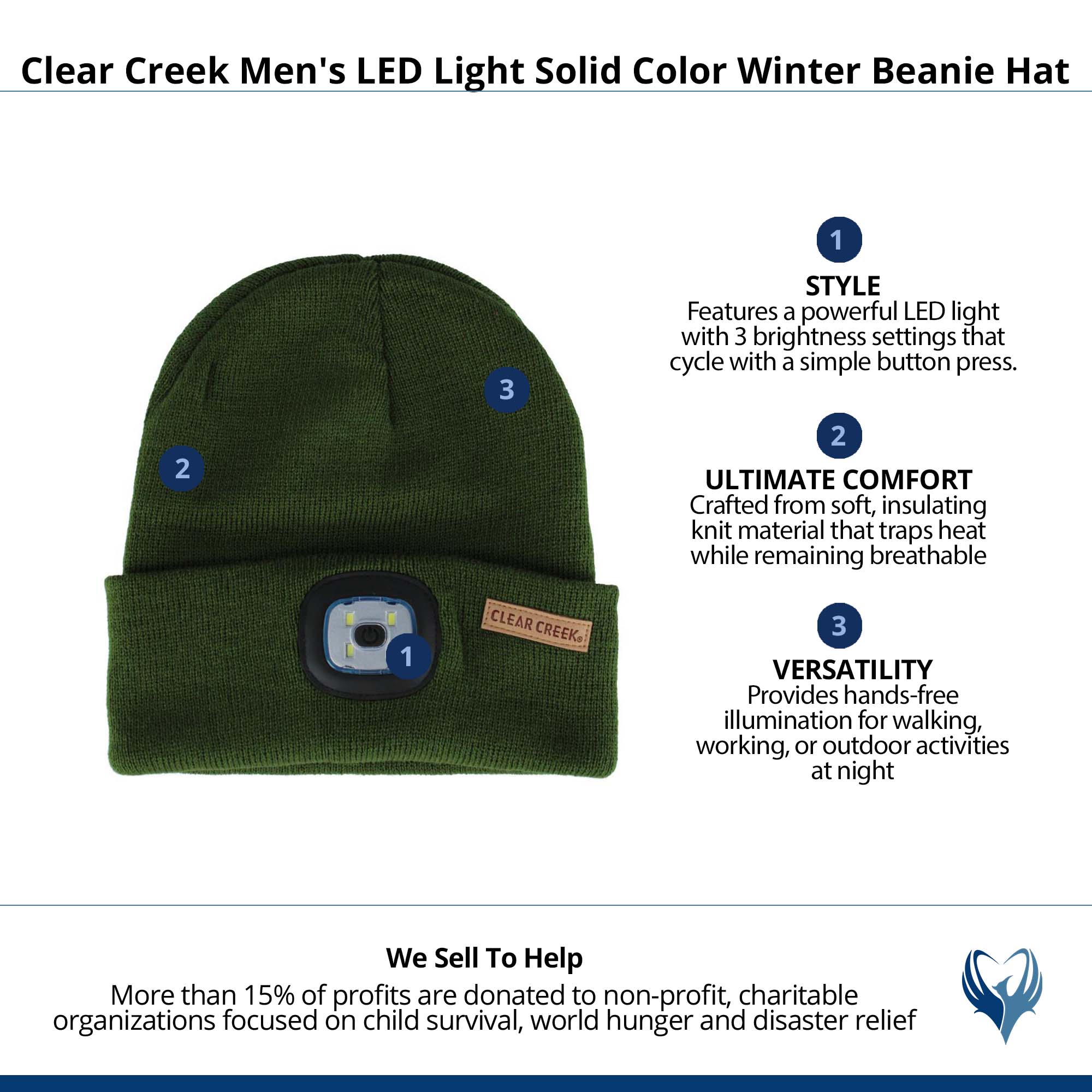 Clear Creek Men's LED Light Solid Color Winter Beanie Hat - Green