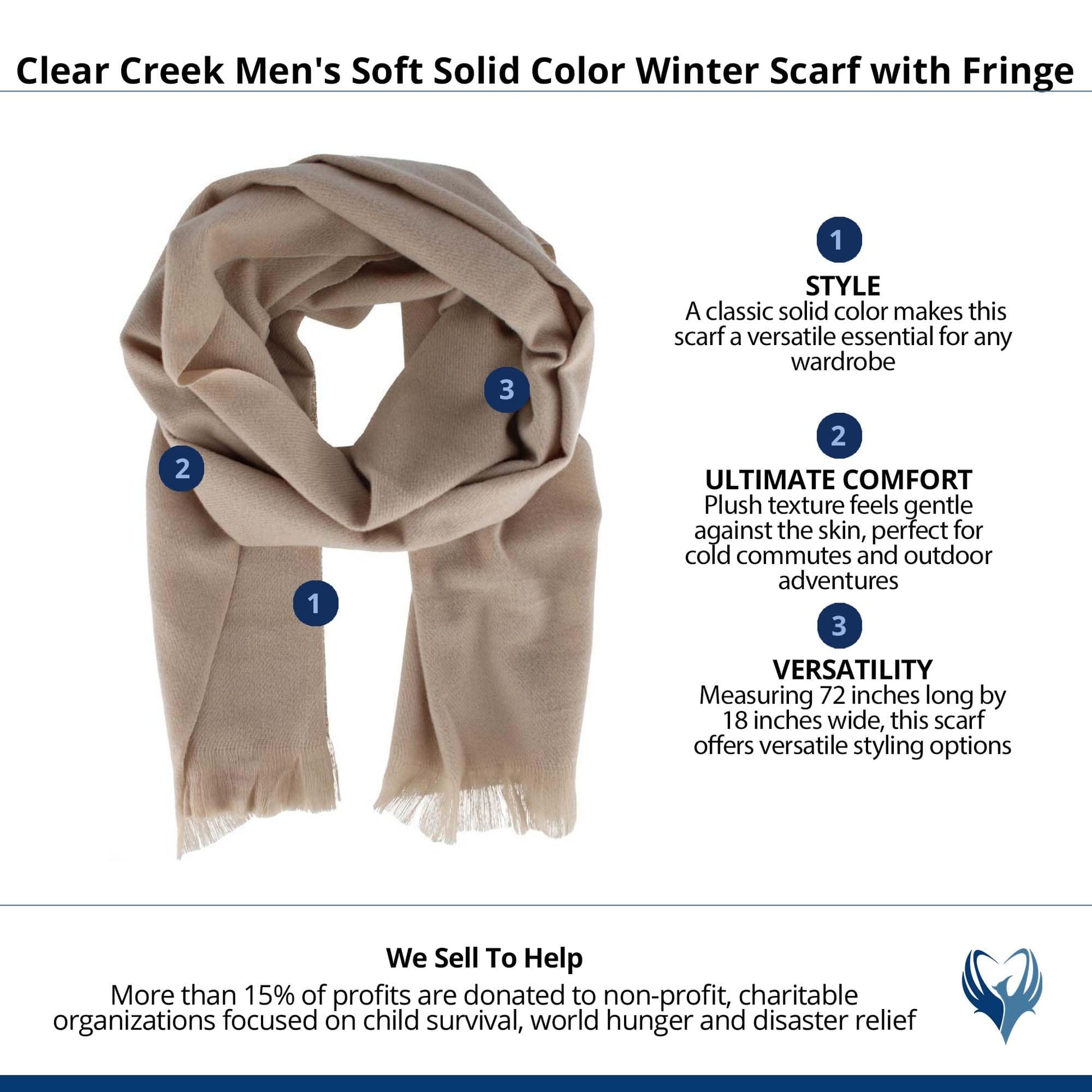 Clear Creek Men's Soft Solid Color Winter Scarf with Fringe - Beige