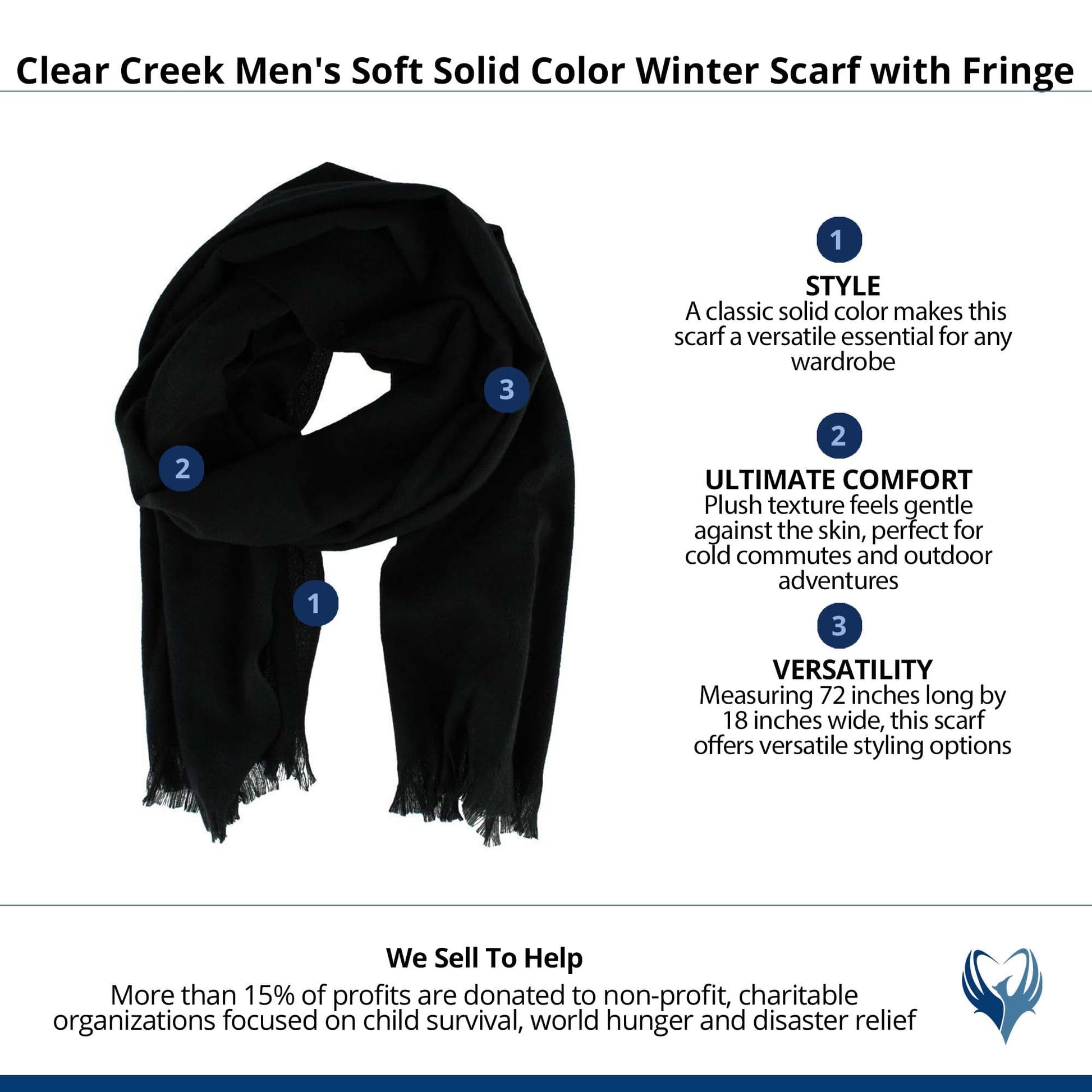 Clear Creek Men's Soft Solid Color Winter Scarf with Fringe - Black
