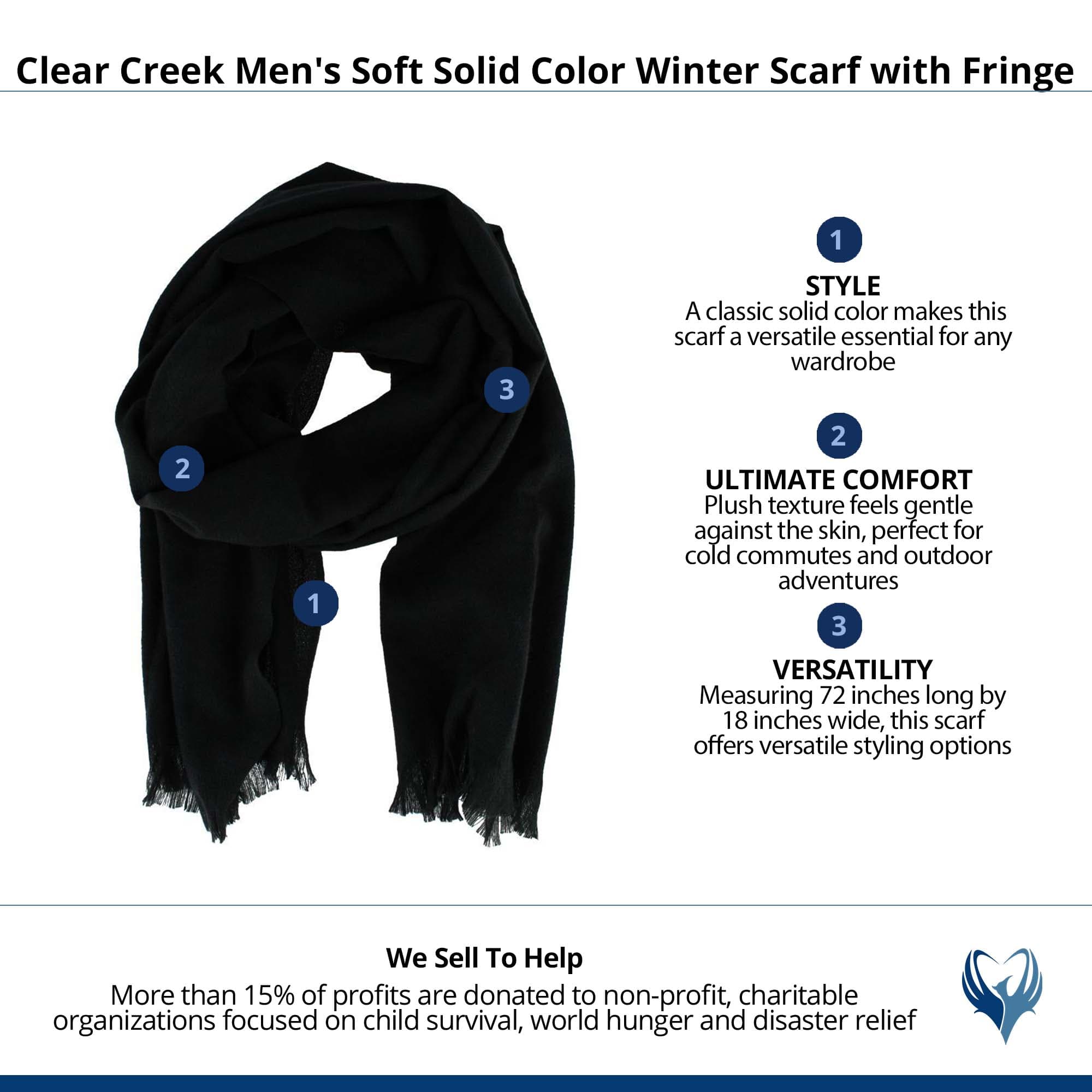 Clear Creek Men's Soft Solid Color Winter Scarf with Fringe - Black