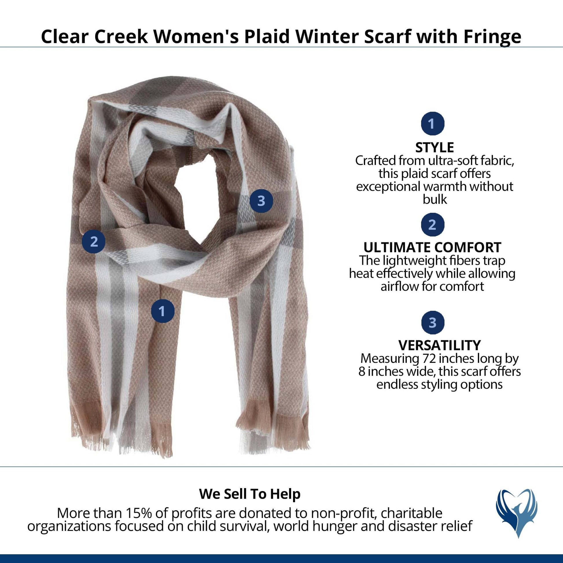 Clear Creek Women's Plaid Winter Scarf with Fringe - Beige