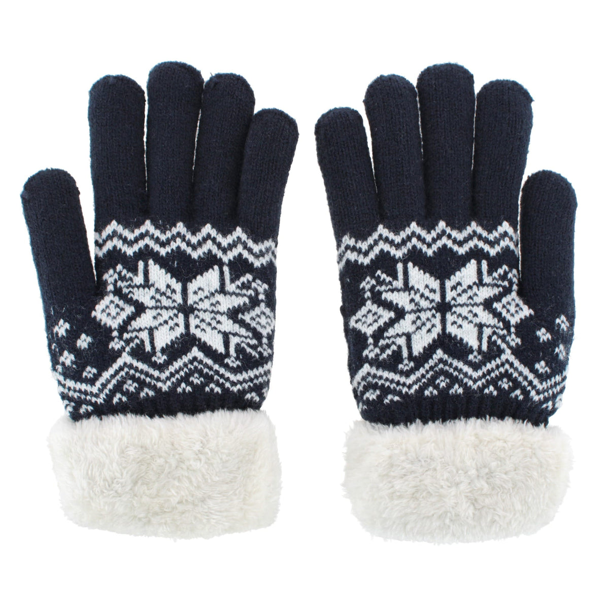 Escape Heat Women's Knit Winter Gloves with Synthetic Fur Trim and Lining - Navy