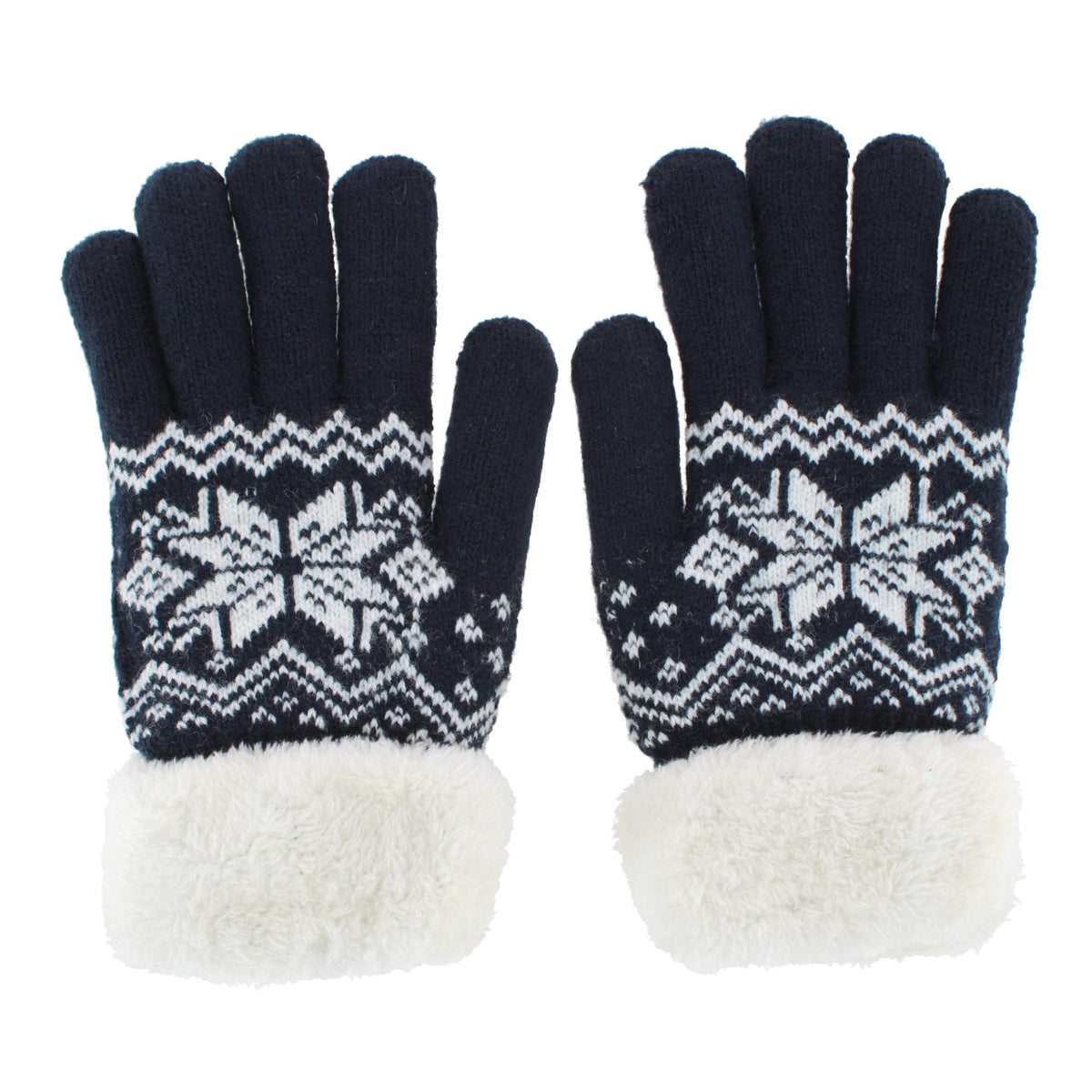 Escape Heat Women's Knit Winter Gloves with Synthetic Fur Trim and Lining - Navy
