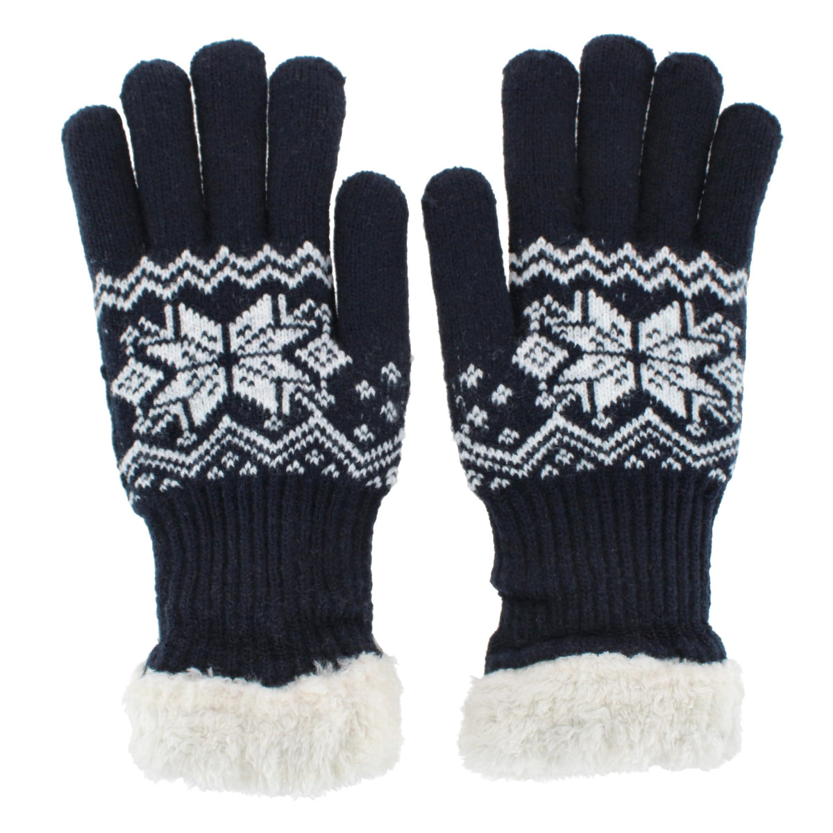 Escape Heat Women's Knit Winter Gloves with Synthetic Fur Trim and Lining - Navy