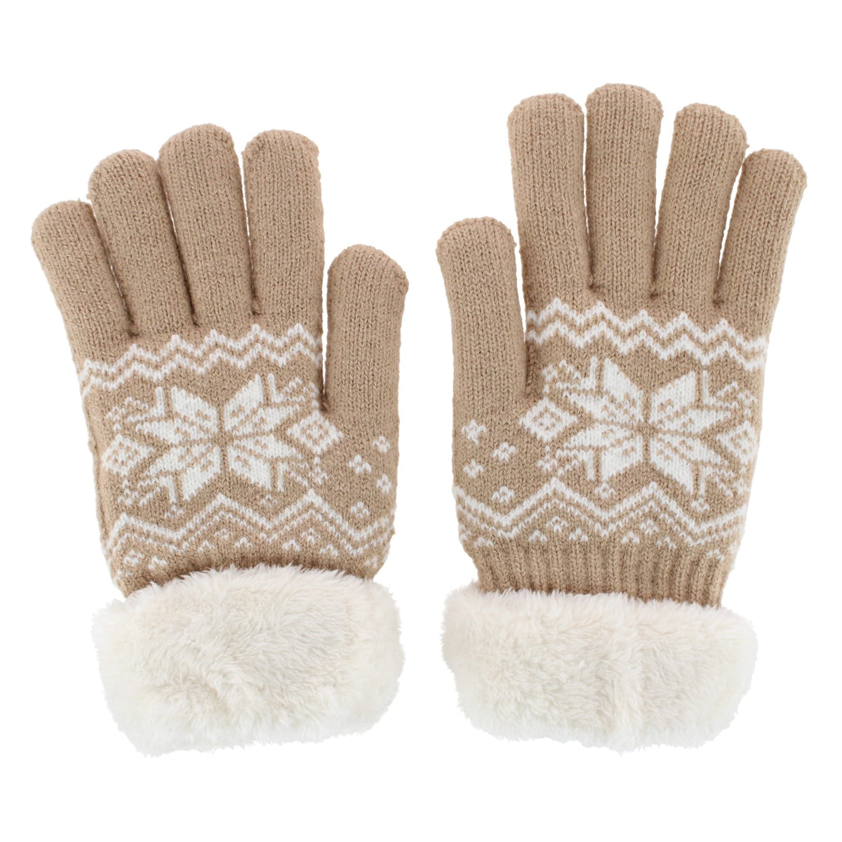 Escape Heat Women's Knit Winter Gloves with Synthetic Fur Trim and Lining - Tan