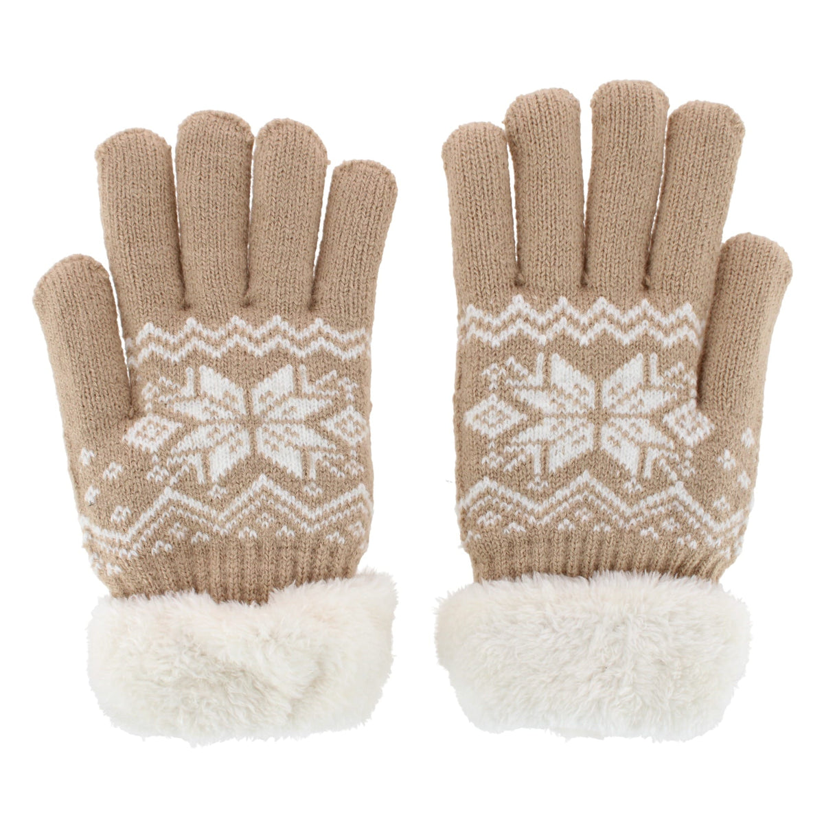 Escape Heat Women's Knit Winter Gloves with Synthetic Fur Trim and Lining - Tan