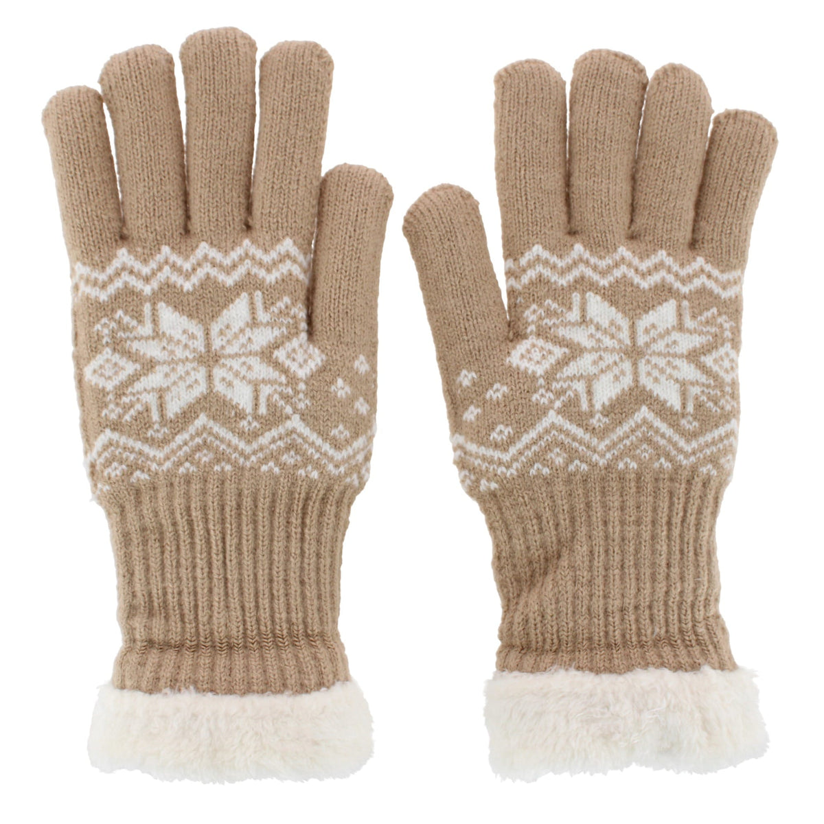 Escape Heat Women's Knit Winter Gloves with Synthetic Fur Trim and Lining - Tan