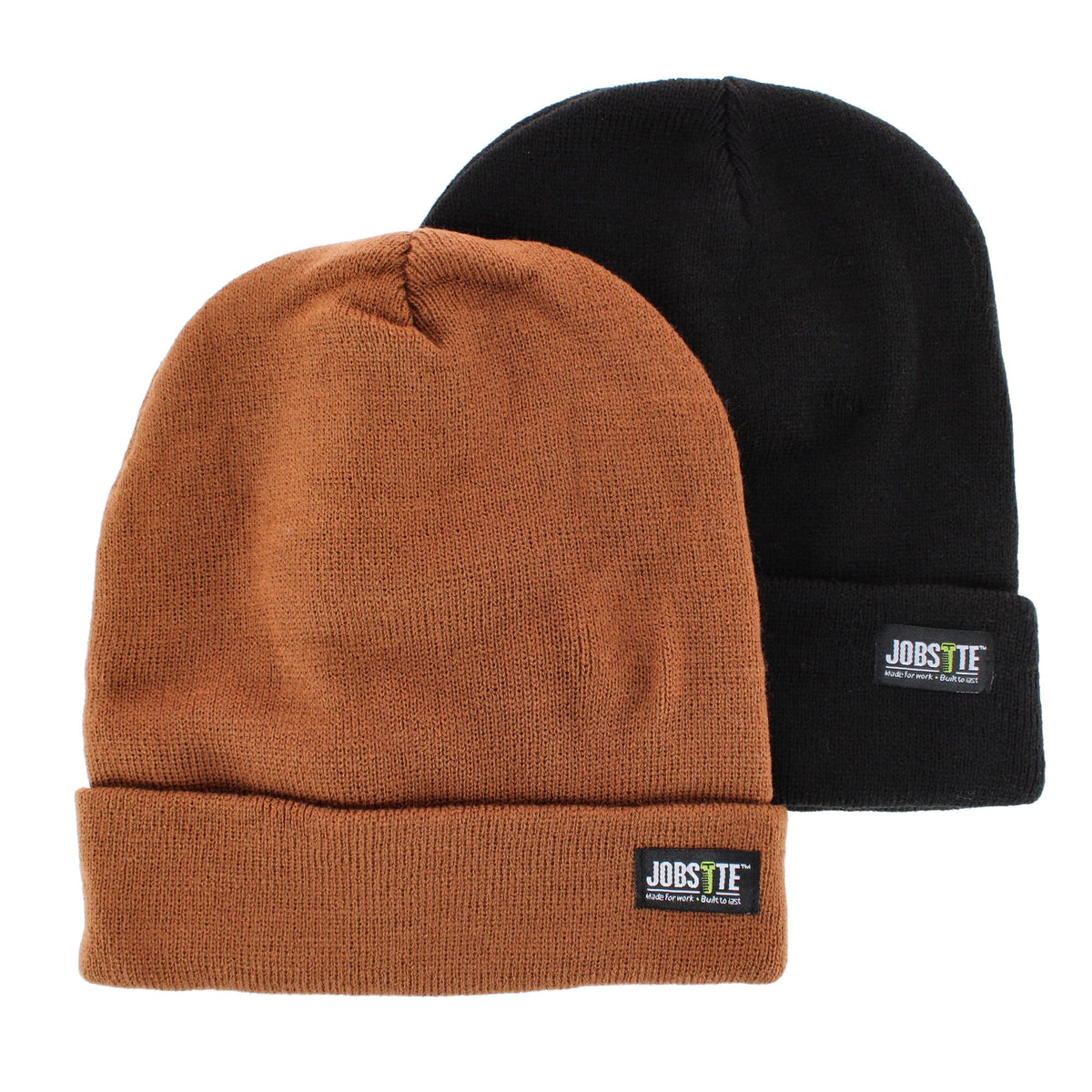 Job Site Men's Knit Winter Beanie Cuff Hat, 2 Pack, Black & Color - Brown