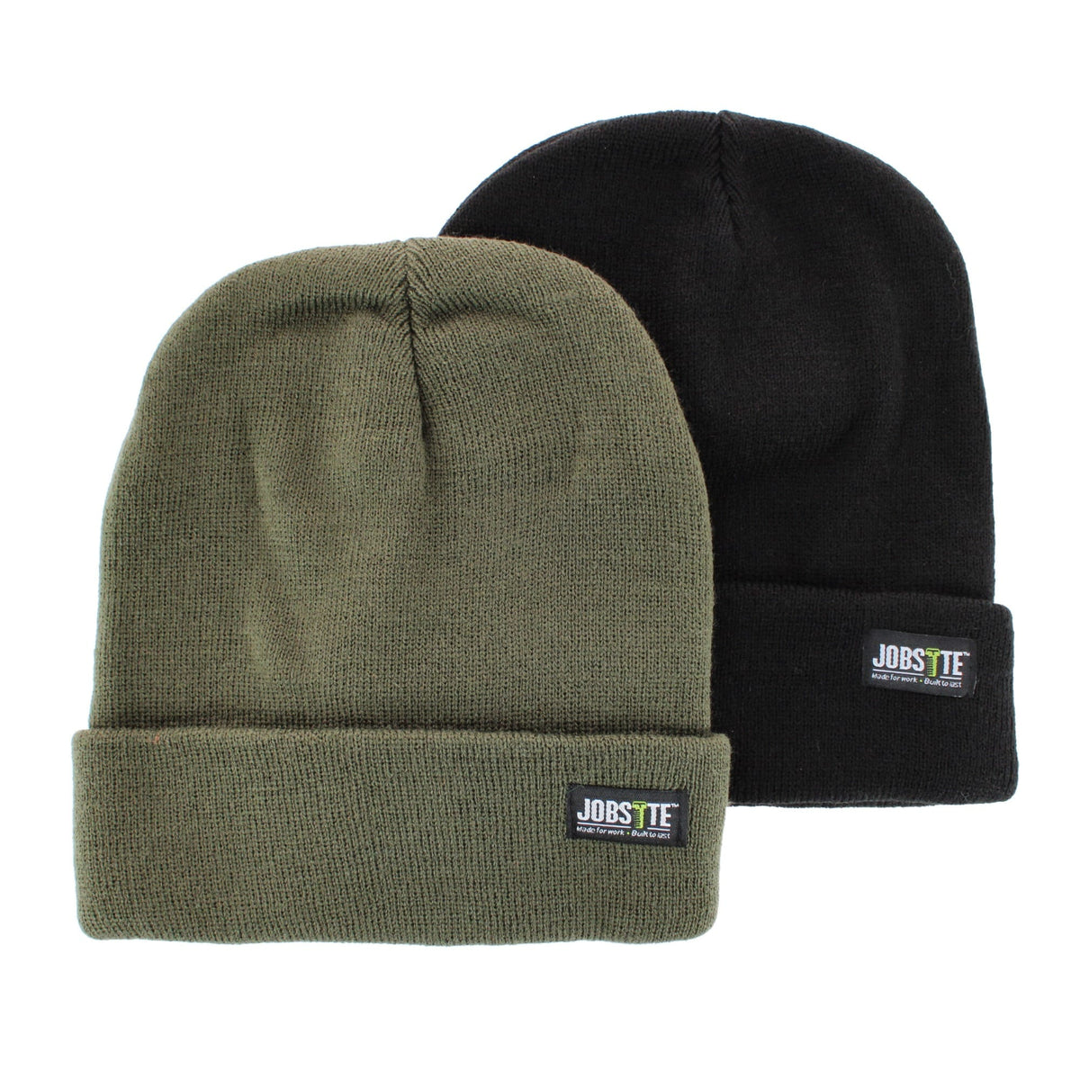 Job Site Men's Knit Winter Beanie Cuff Hat, 2 Pack, Black & Color - Green