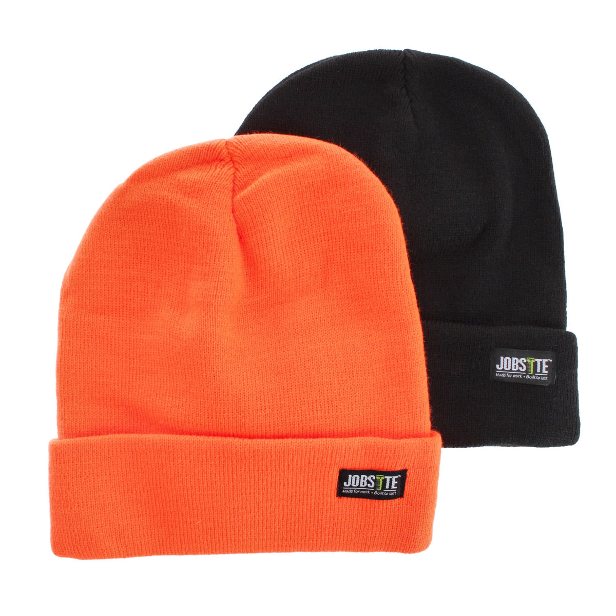 Job Site Men's Knit Winter Beanie Cuff Hat, 2 Pack, Black & Color - Orange