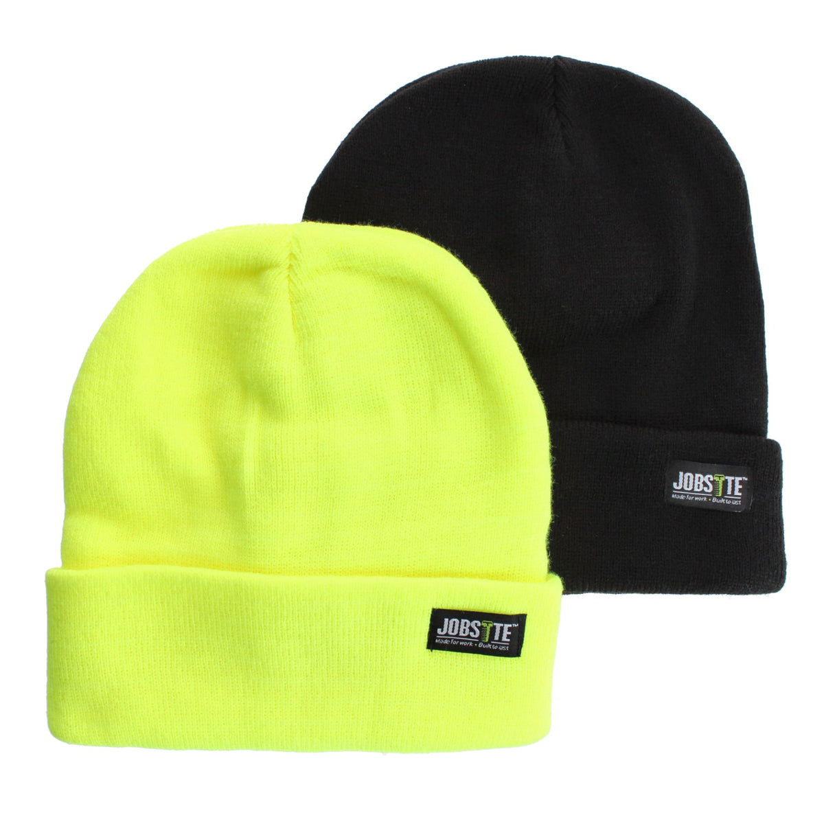 Job Site Men's Knit Winter Beanie Cuff Hat, 2 Pack, Black & Color - Men's Knit Winter Beanie Cuff Hat, 2 Pack, Black & Color