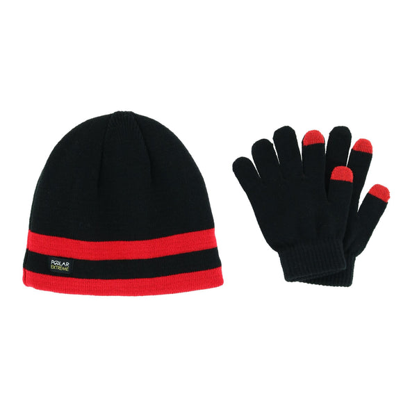 Boy's One Size Double Stripe Hat and Texting Glove Set