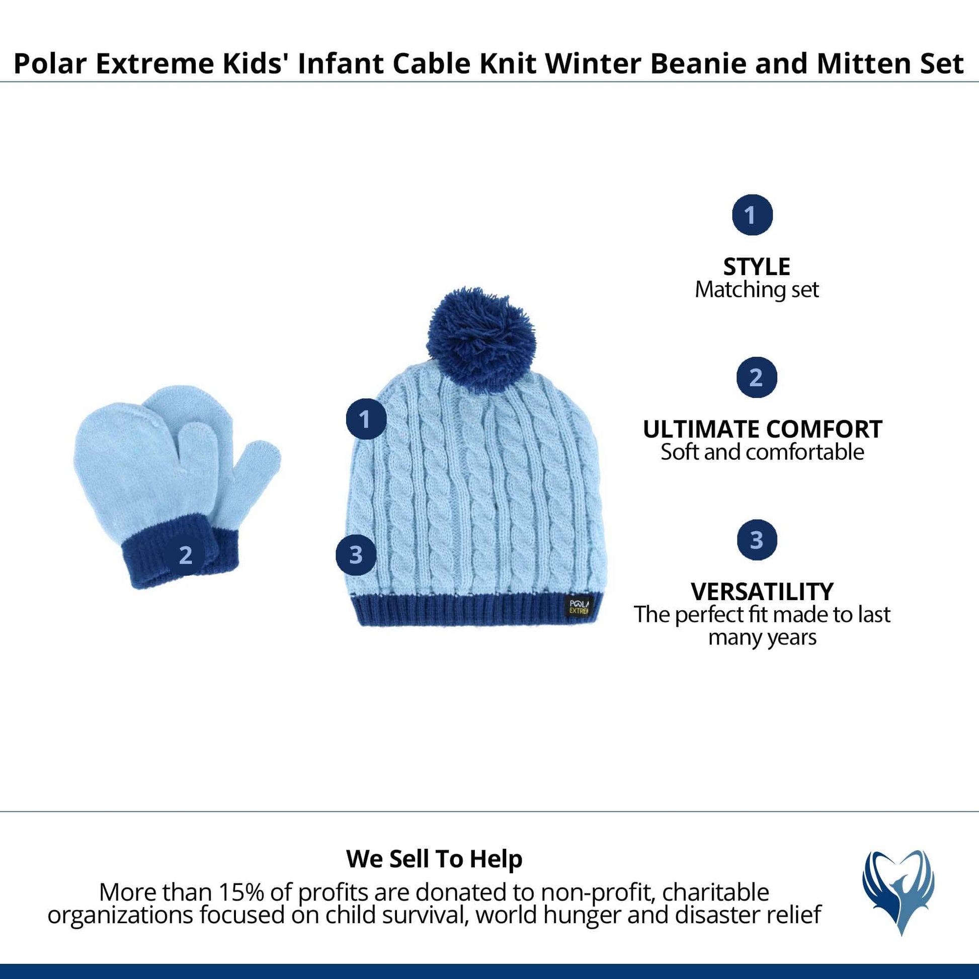 Polar Extreme Kids' Infant Cable Knit Winter Beanie and Mitten Set - Blue