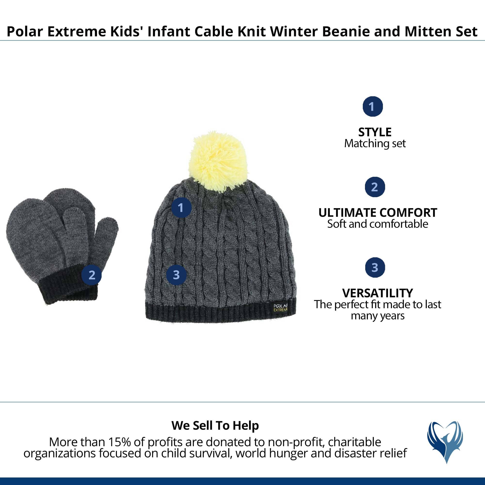 Polar Extreme Kids' Infant Cable Knit Winter Beanie and Mitten Set - Dark Gray
