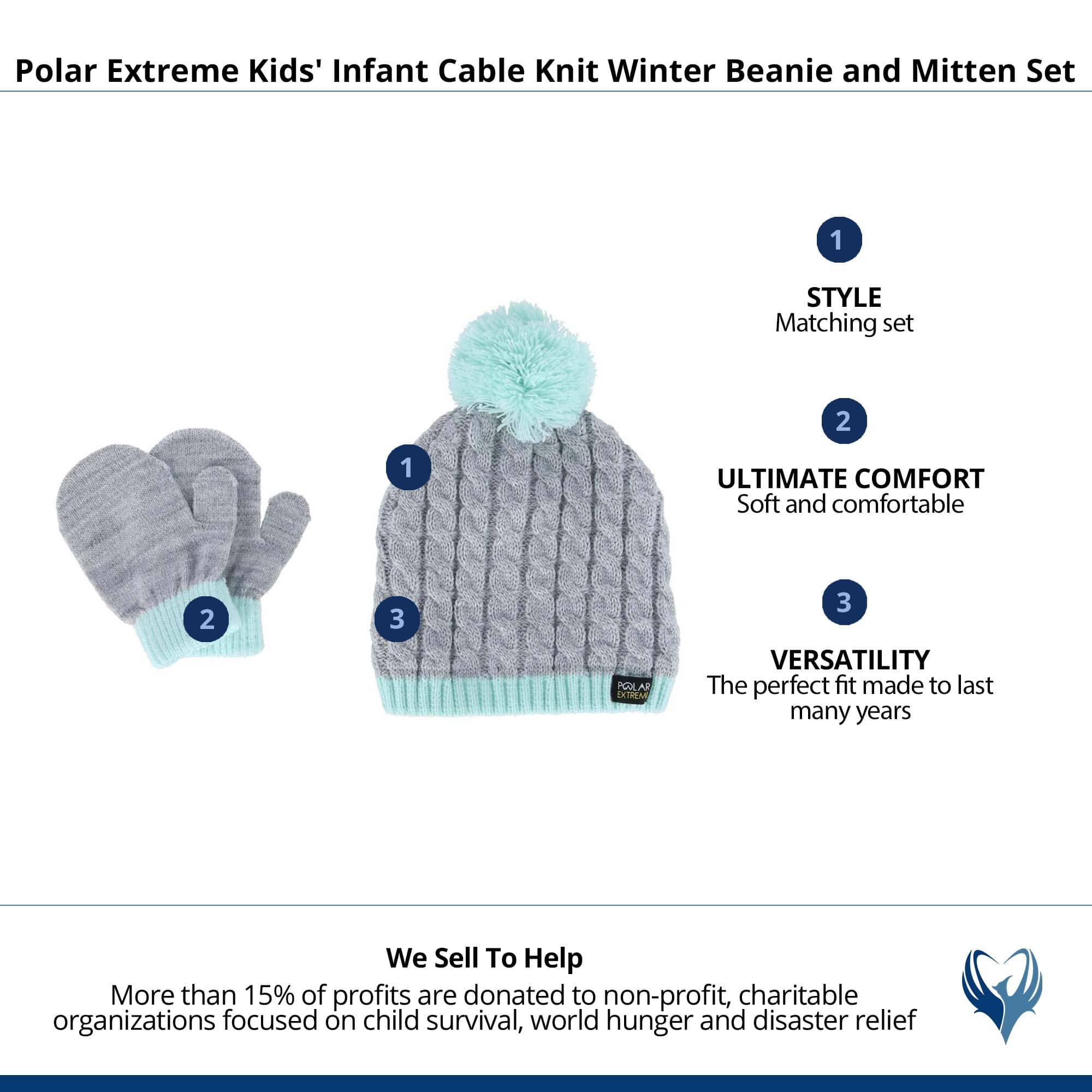 Polar Extreme Kids' Infant Cable Knit Winter Beanie and Mitten Set - Light Gray
