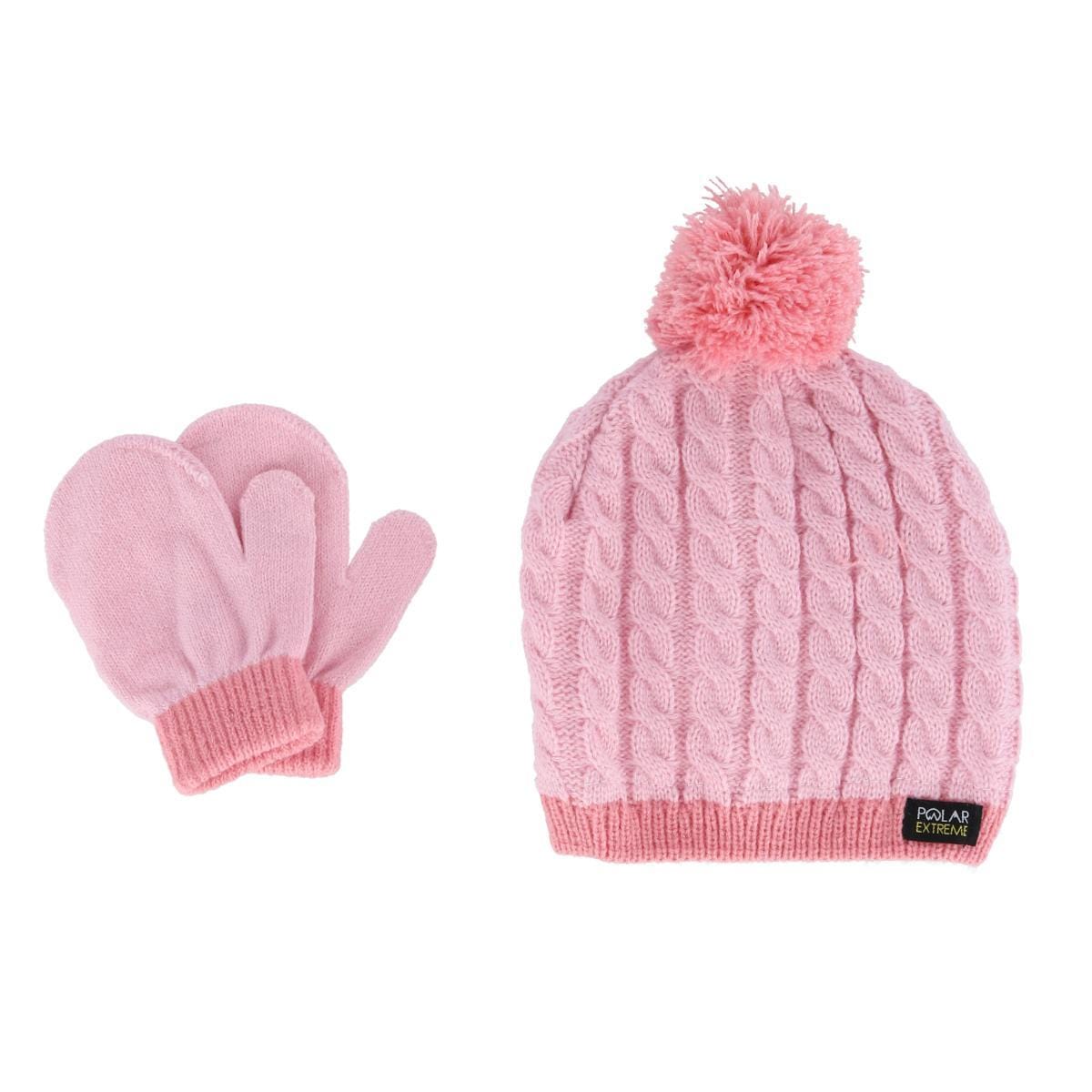 Polar Extreme Kids' Infant Cable Knit Winter Beanie and Mitten Set - Pink