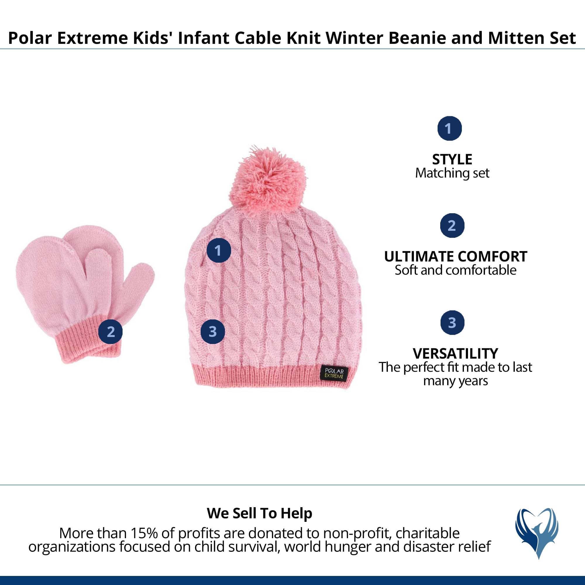 Polar Extreme Kids' Infant Cable Knit Winter Beanie and Mitten Set - Pink