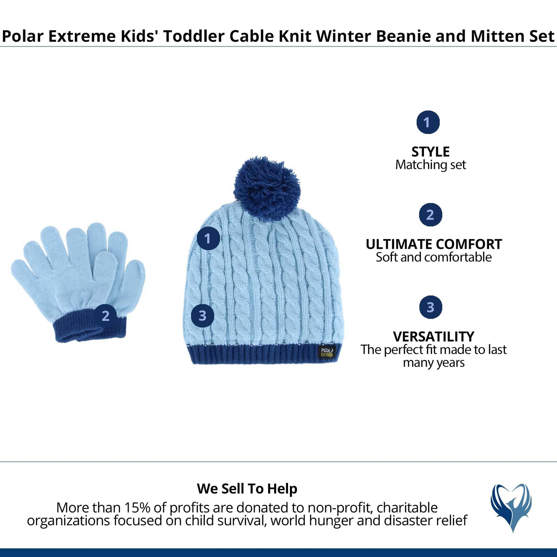 Polar Extreme Kids' Toddler Cable Knit Winter Beanie and Mitten Set - Blue