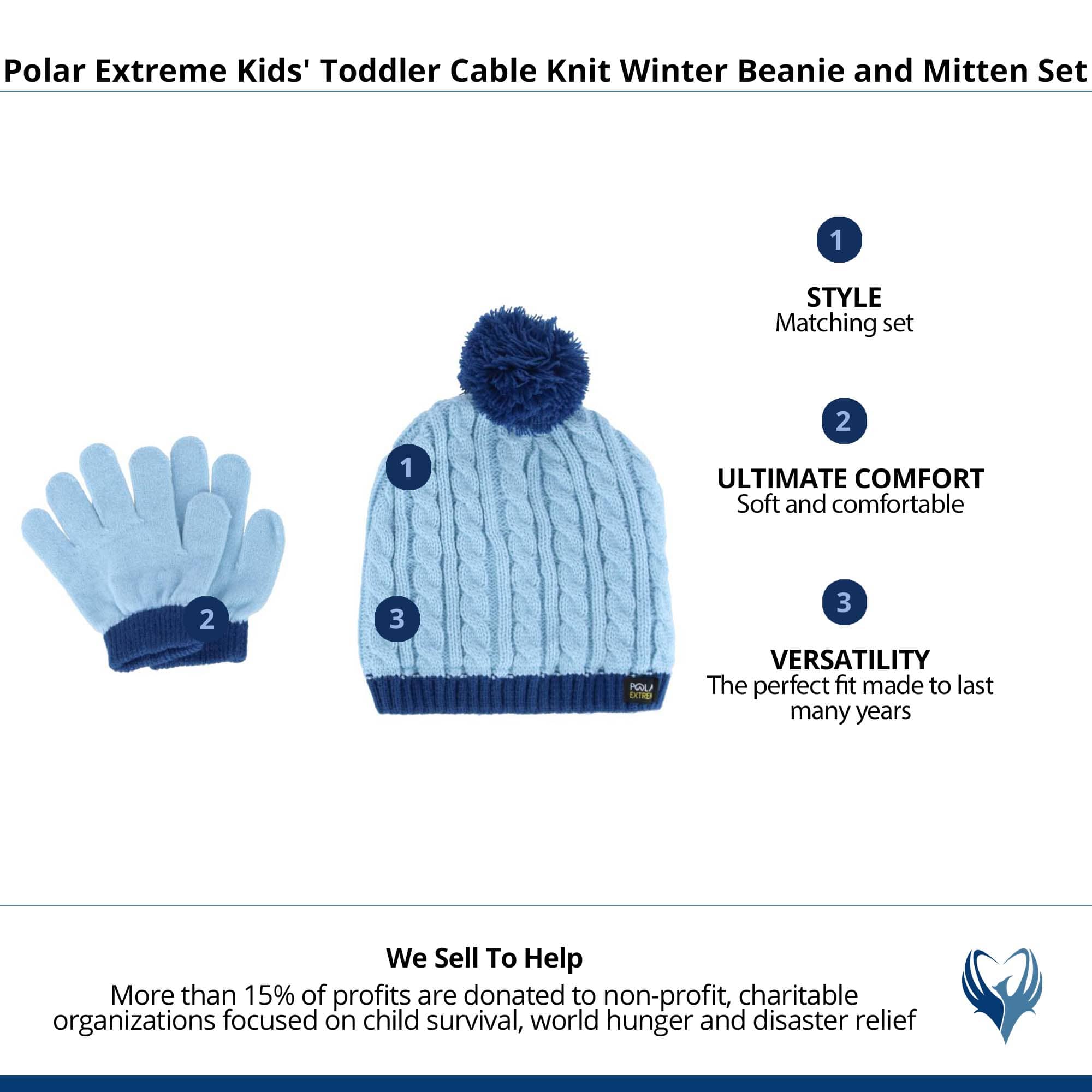Polar Extreme Kids' Toddler Cable Knit Winter Beanie and Mitten Set - Blue