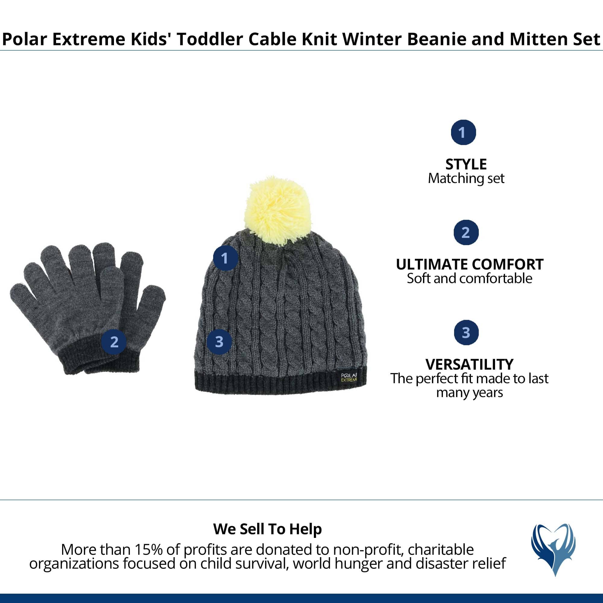 Polar Extreme Kids' Toddler Cable Knit Winter Beanie and Mitten Set - Dark Gray