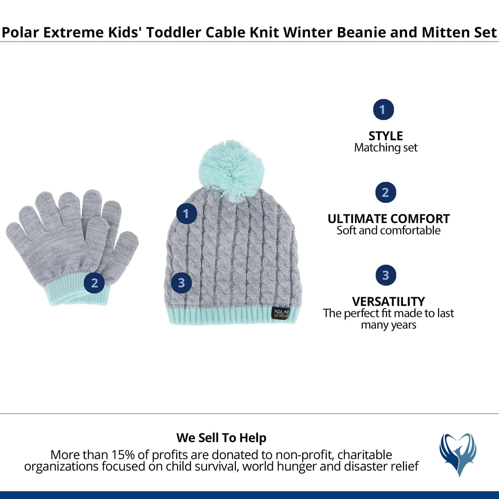 Polar Extreme Kids' Toddler Cable Knit Winter Beanie and Mitten Set - Light Gray