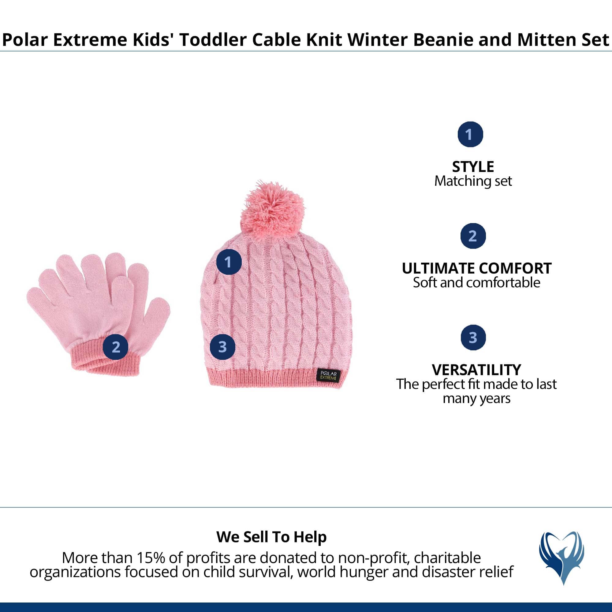 Polar Extreme Kids' Toddler Cable Knit Winter Beanie and Mitten Set - Pink