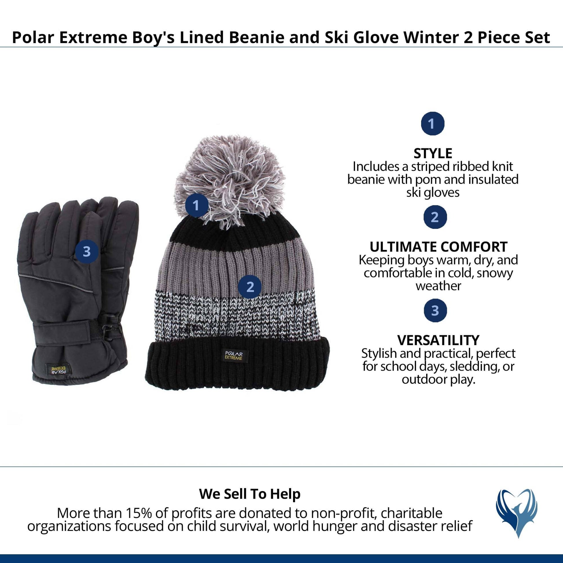 Polar Extreme Boy's Lined Beanie and Ski Glove Winter 2 Piece Set - Black